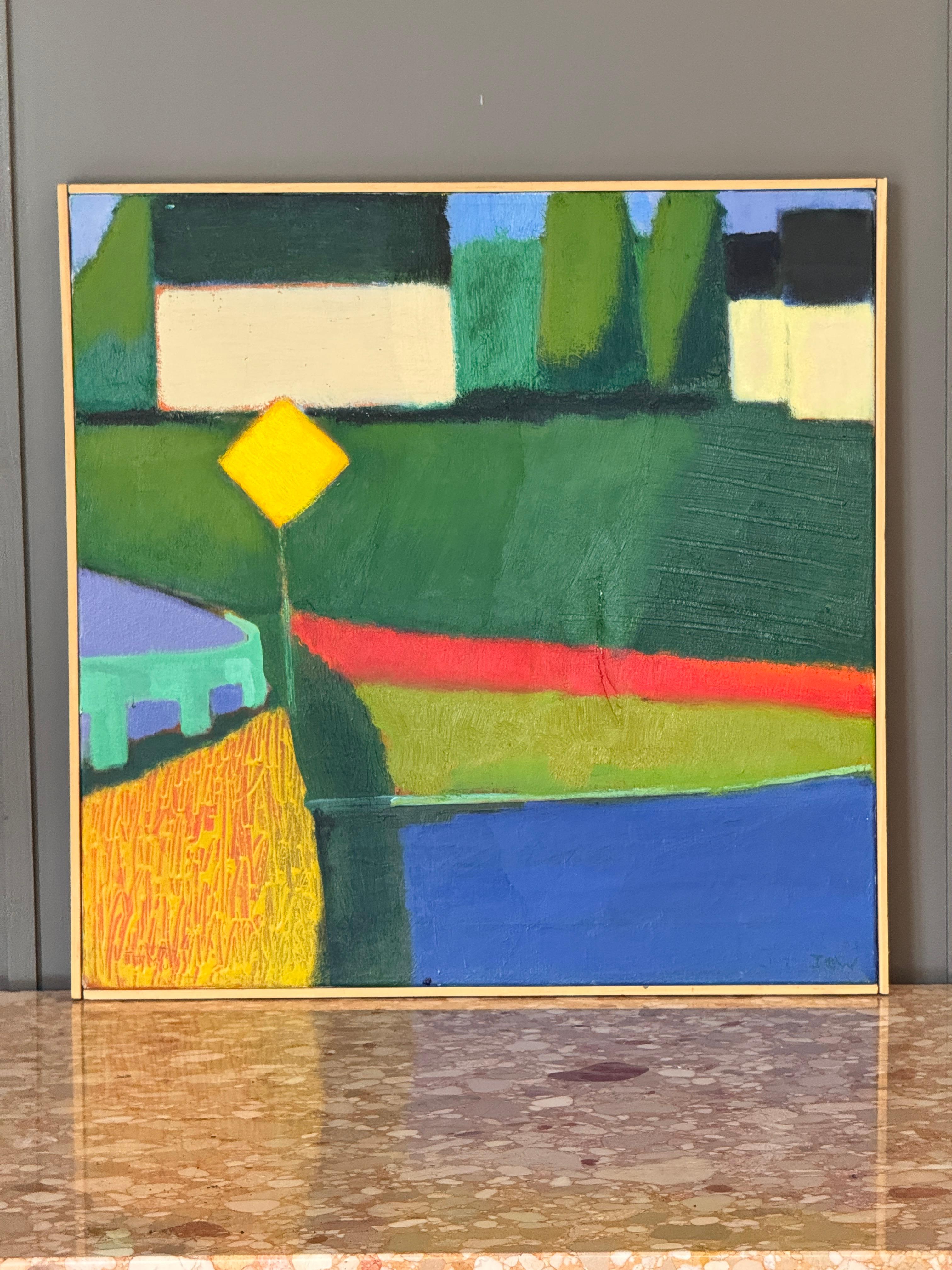 Lebendiges Gemälde in Öl auf Leinwand von Jan Carl ter Weele (1935-2022), aus seiner Freeport-Serie. Die Komposition fängt ein stilisiertes amerikanisches Straßenbild durch kräftige Farbfelder und vereinfachte geometrische Formen ein. Die