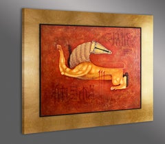 Peinture contemporaine à l'huile sur toile dans un cadre en bois avec feuilles d'or 24K 'Wounded Lion' (Lion blessé)
