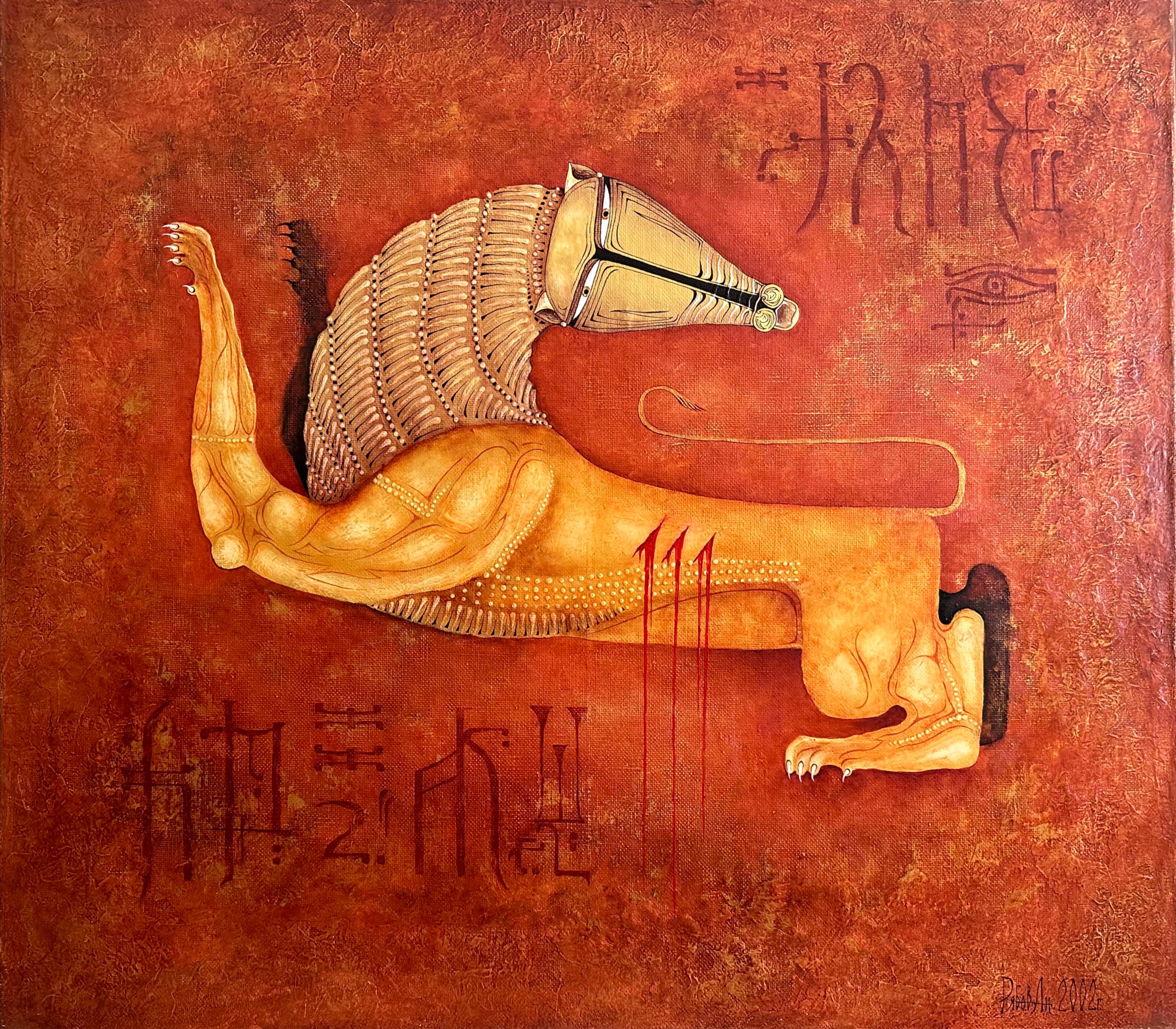 Pintura contemporánea al óleo sobre lienzo en marco de madera con pan de oro de 24 quilates 'León herido' Estilo internacional en venta
