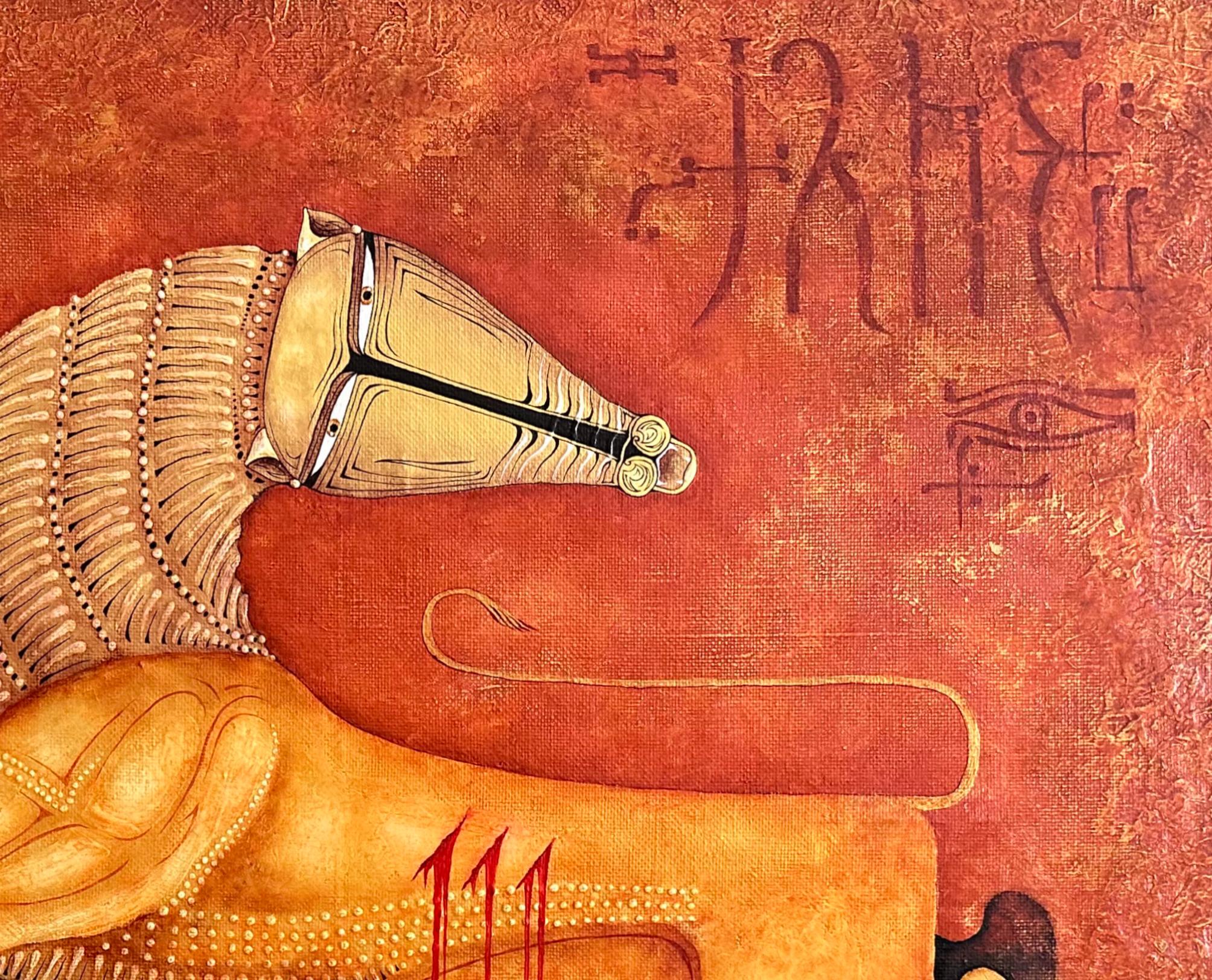 Pintura contemporánea al óleo sobre lienzo en marco de madera con pan de oro de 24 quilates 'León herido' Montenegrino en venta