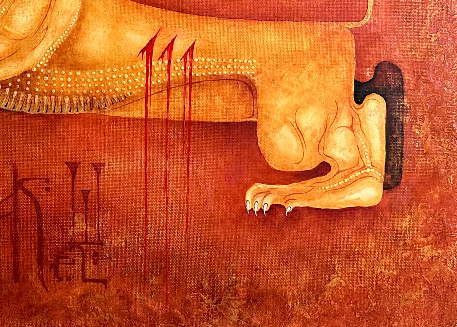 Pintura contemporánea al óleo sobre lienzo en marco de madera con pan de oro de 24 quilates 'León herido' Pintado a mano en venta