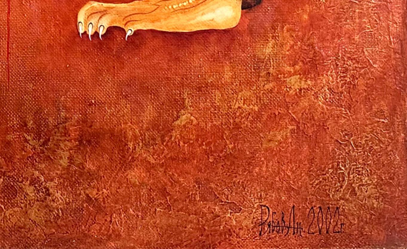 Pintura contemporánea al óleo sobre lienzo en marco de madera con pan de oro de 24 quilates 'León herido' en Bueno estado para la venta en Hong Kong, HK