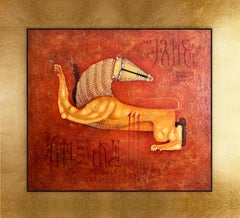 Contemporary Oil on Canvas Painting in Wooden Frame 24K Gold Leaf 'Wounded Lion'