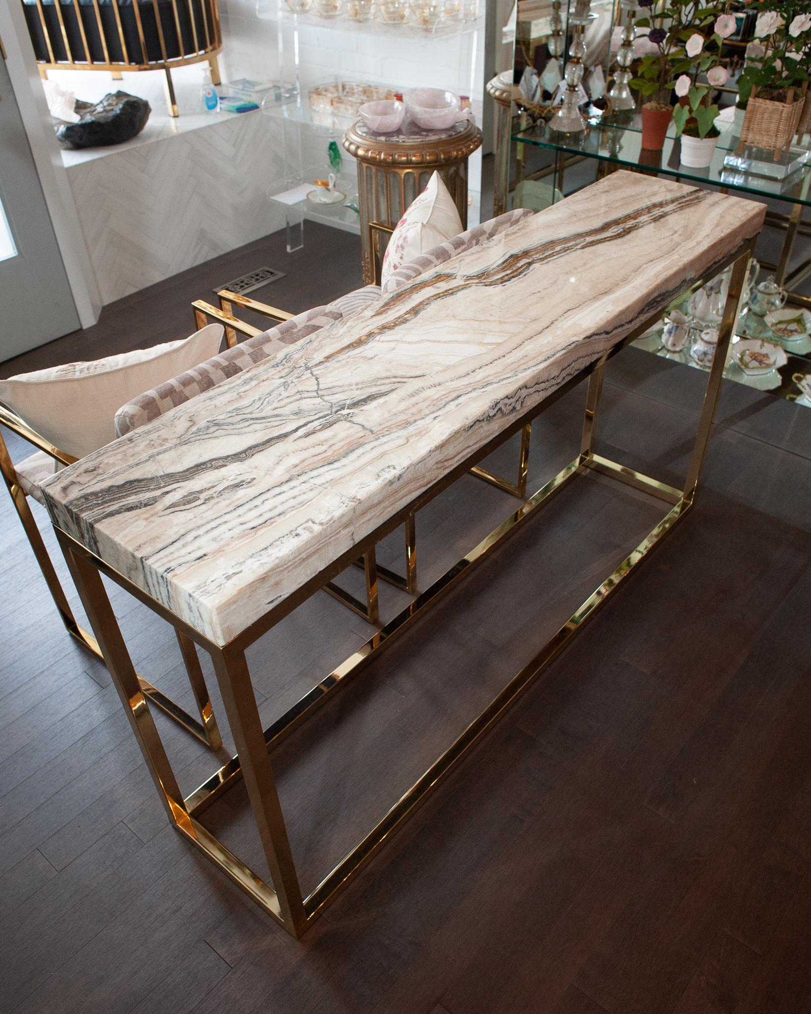 American Contemporary Onyx and Polished Brass Console Table For Sale
