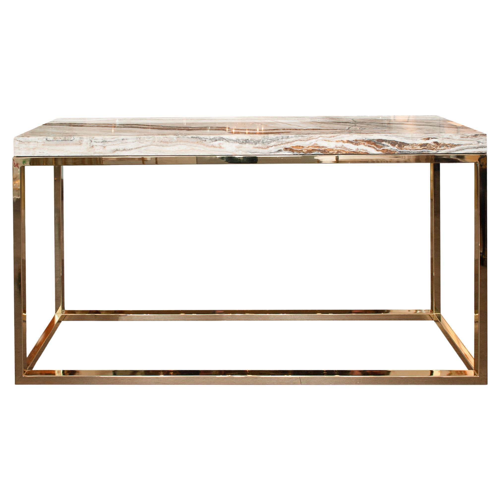 Contemporary Onyx and Polished Brass Console Table For Sale