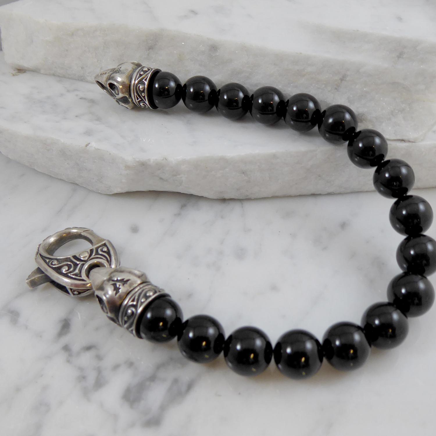 Round Cut Contemporary Onyx Bead and Silver Bracelet, Raven Head Catch