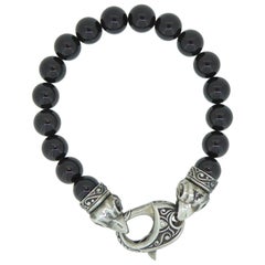 Contemporary Onyx Bead and Silver Bracelet, Raven Head Catch
