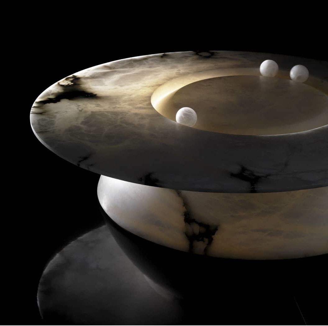 Hand-Carved Contemporary Onyx Coffee Table with Rotating Top