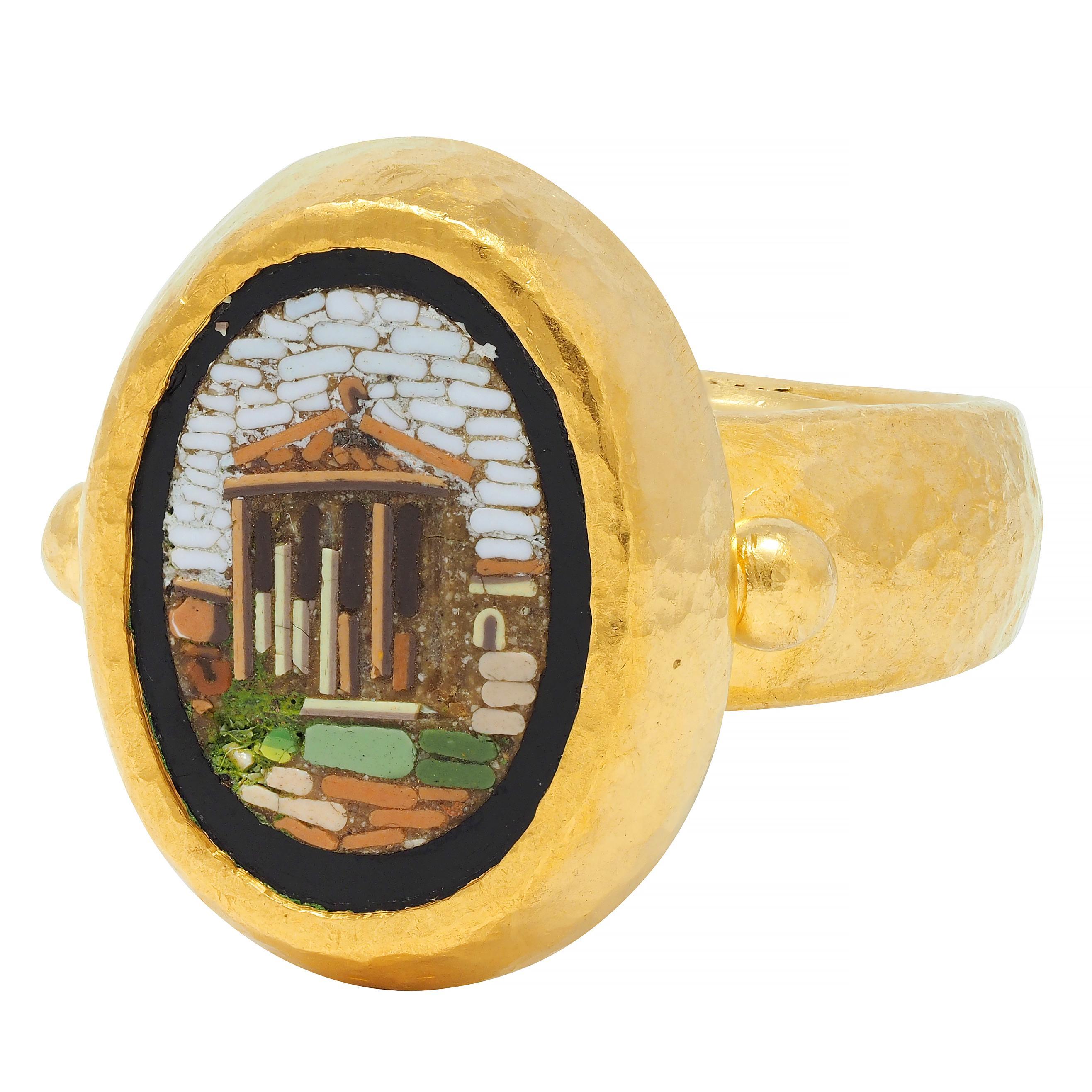 Contemporary Onyx Micro-Mosaic 22 Karat Yellow Gold Greek Parthenon Ring For Sale 1