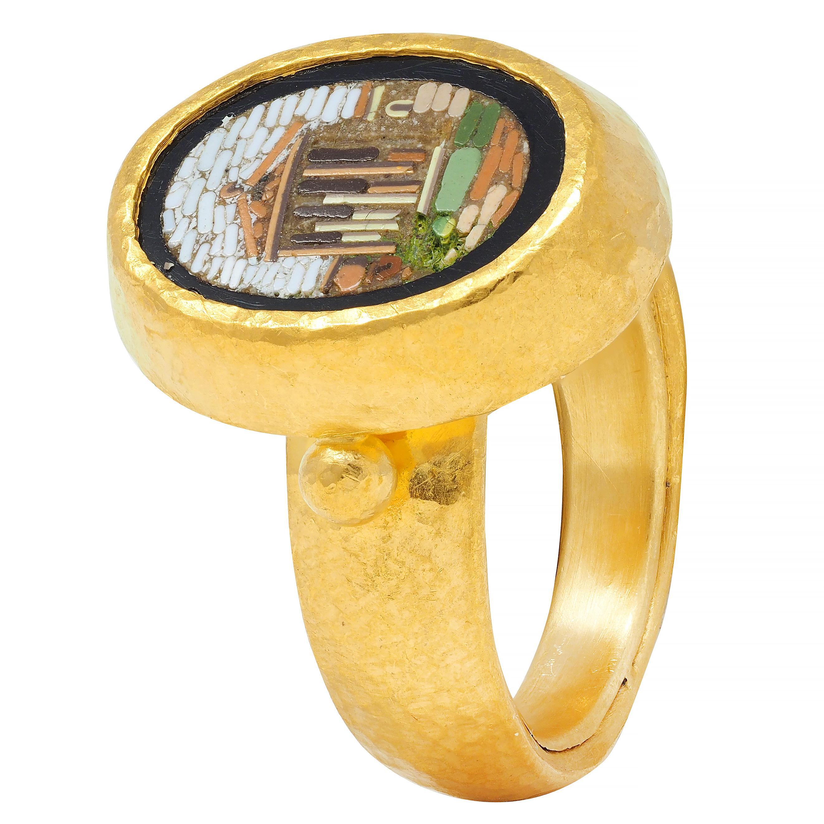 Contemporary Onyx Micro-Mosaic 22 Karat Yellow Gold Greek Parthenon Ring For Sale 2