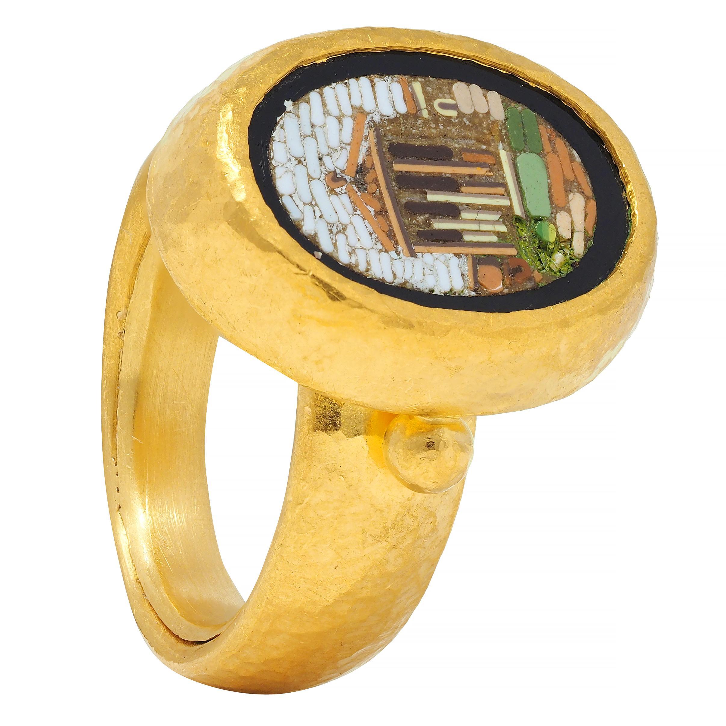 Contemporary Onyx Micro-Mosaic 22 Karat Yellow Gold Greek Parthenon Ring For Sale 4