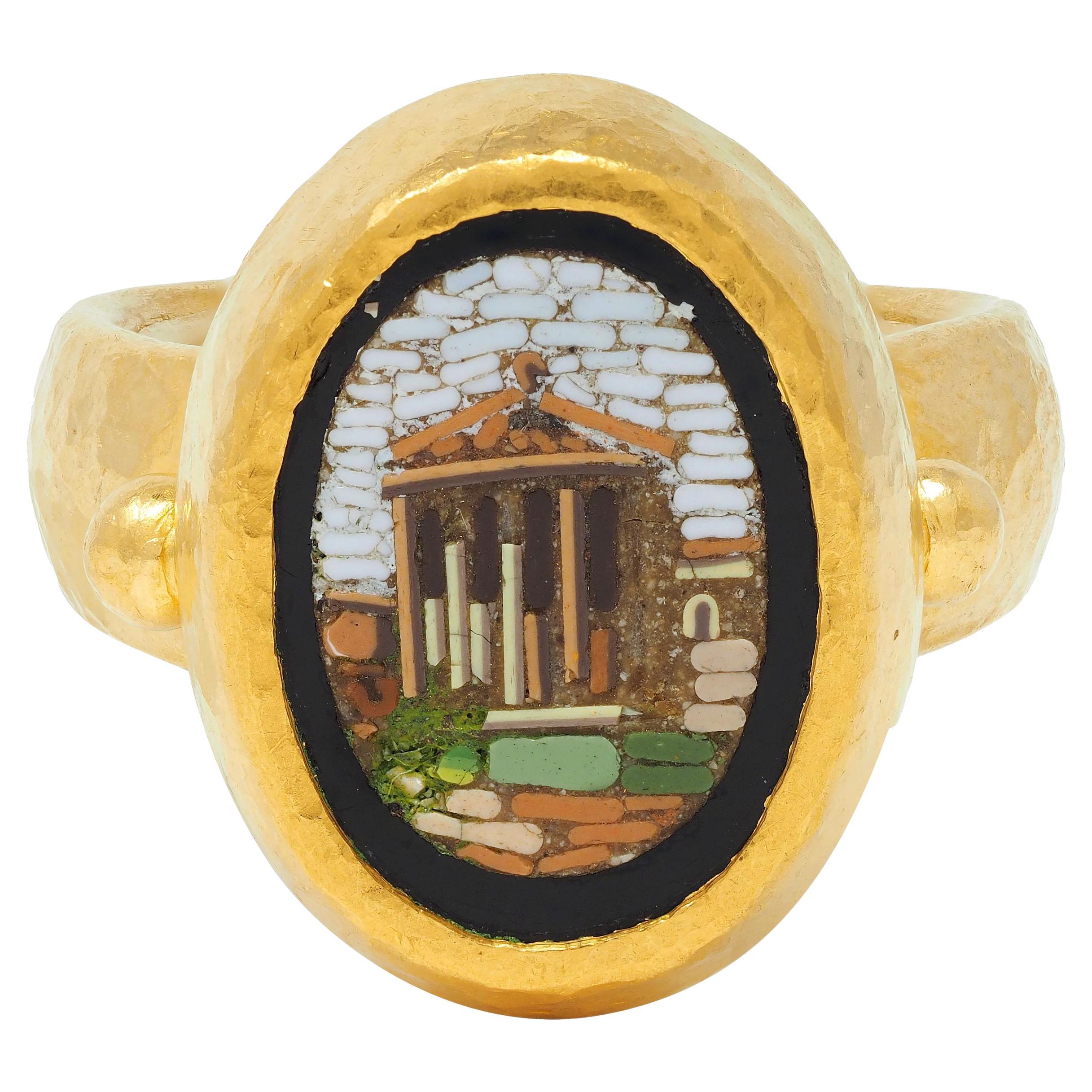 Contemporary Onyx Micro-Mosaic 22 Karat Yellow Gold Greek Parthenon Ring For Sale