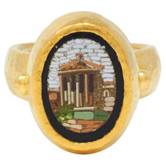 Bague Contemporary Onyx Micro-Mosaic 22 Karat Yellow Gold Greek Parthenon Ring
