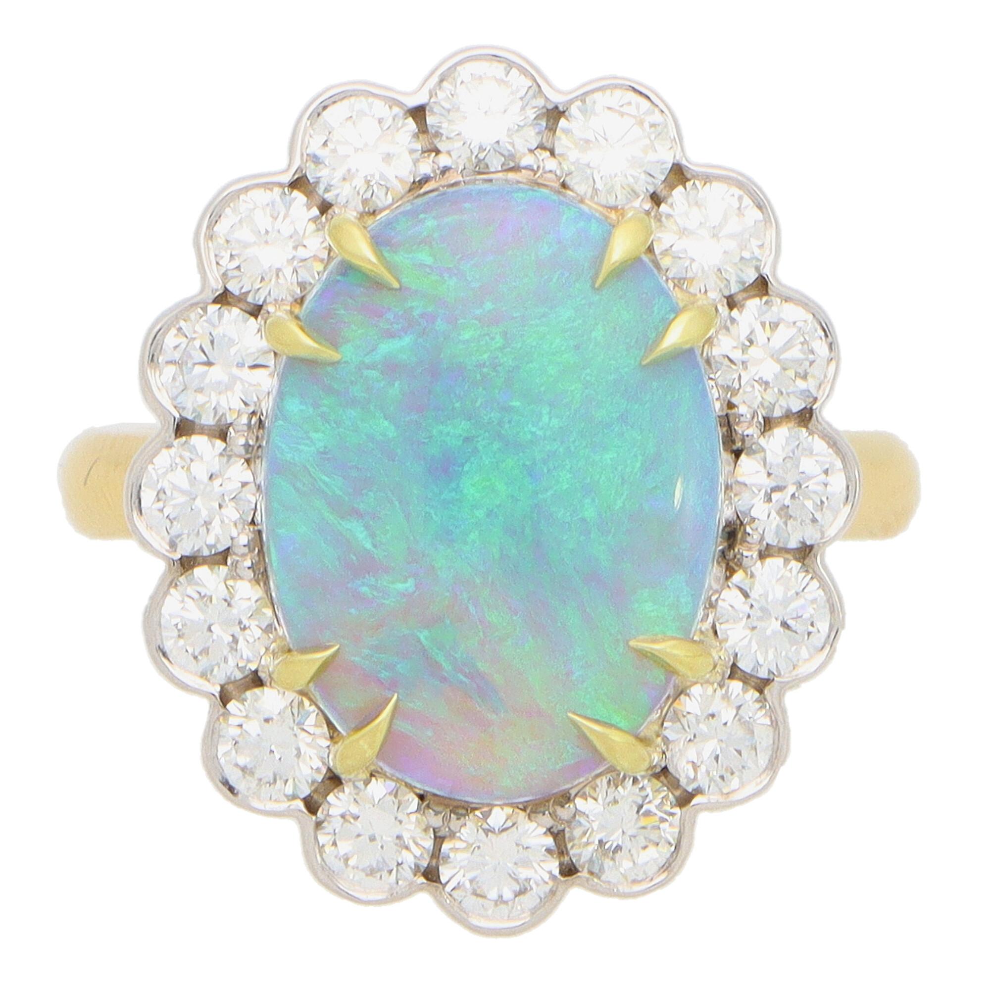 Round Cut Contemporary Opal and Diamond Cluster Ring Set in 18k Yellow and White Gold
