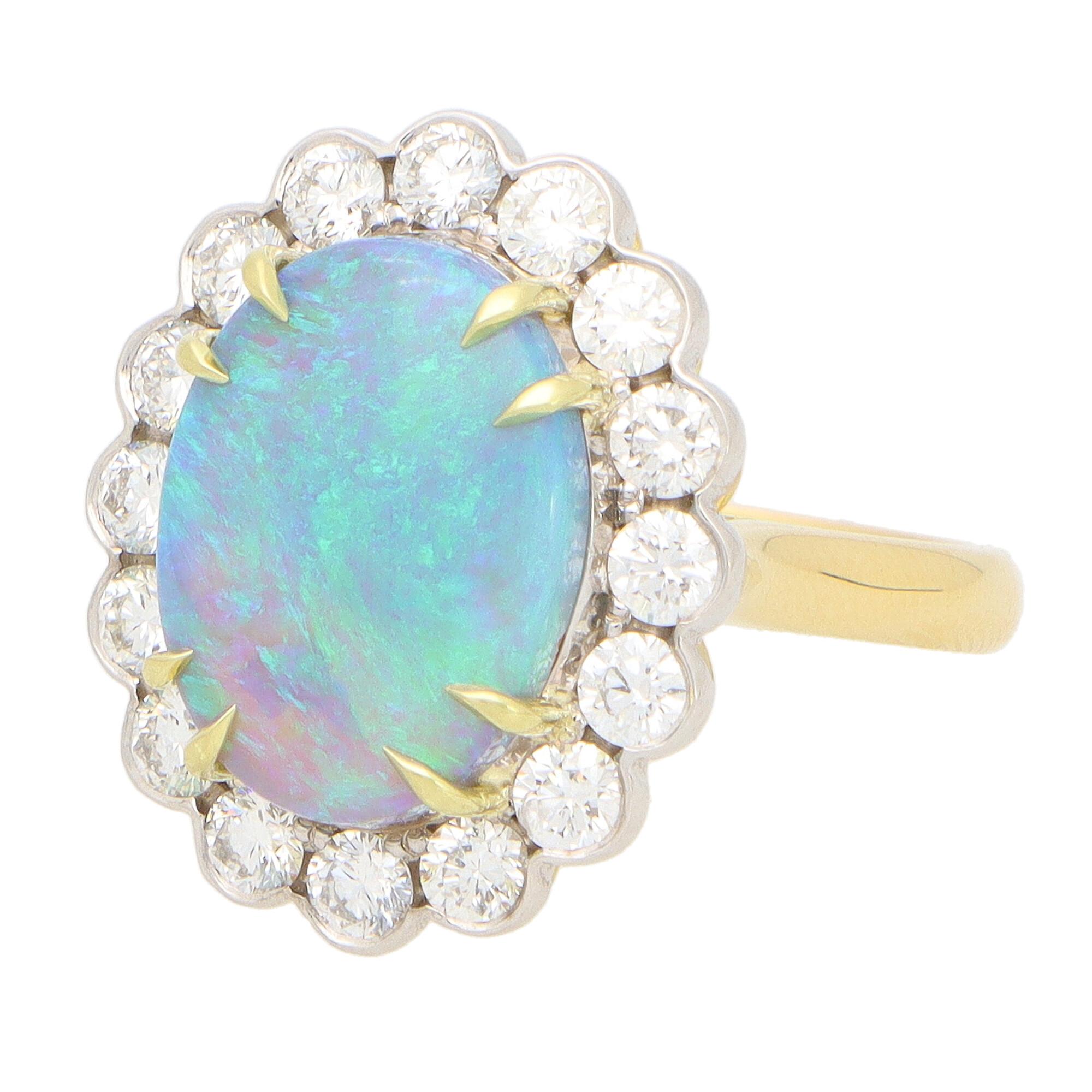 Contemporary Opal and Diamond Cluster Ring Set in 18k Yellow and White Gold In Excellent Condition In London, GB