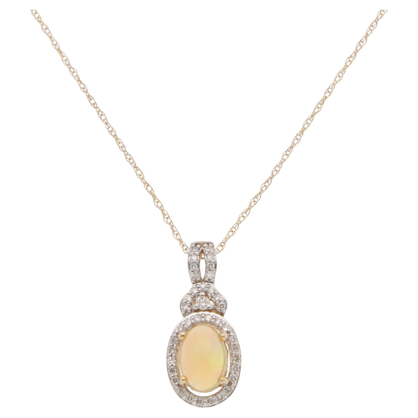Contemporary Opal and Diamond Pendant Necklace in Yellow Gold