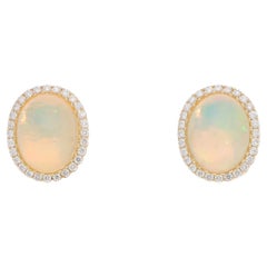 Contemporary Opal and Diamond Stud Earrings in Yellow Gold