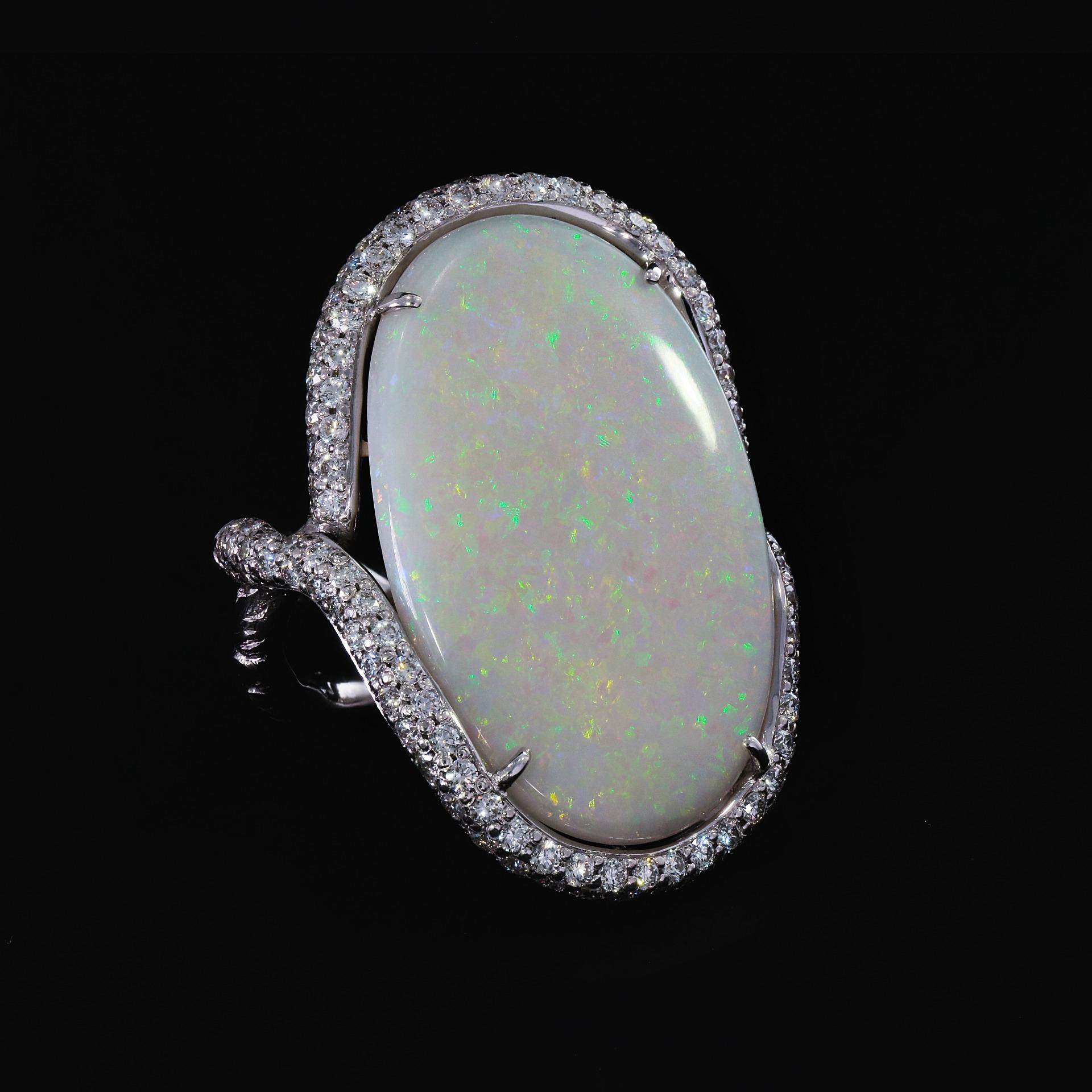 Contemporary Rosior one-off Opal and Diamond Ring Hand Chiseled and set in White Gold 