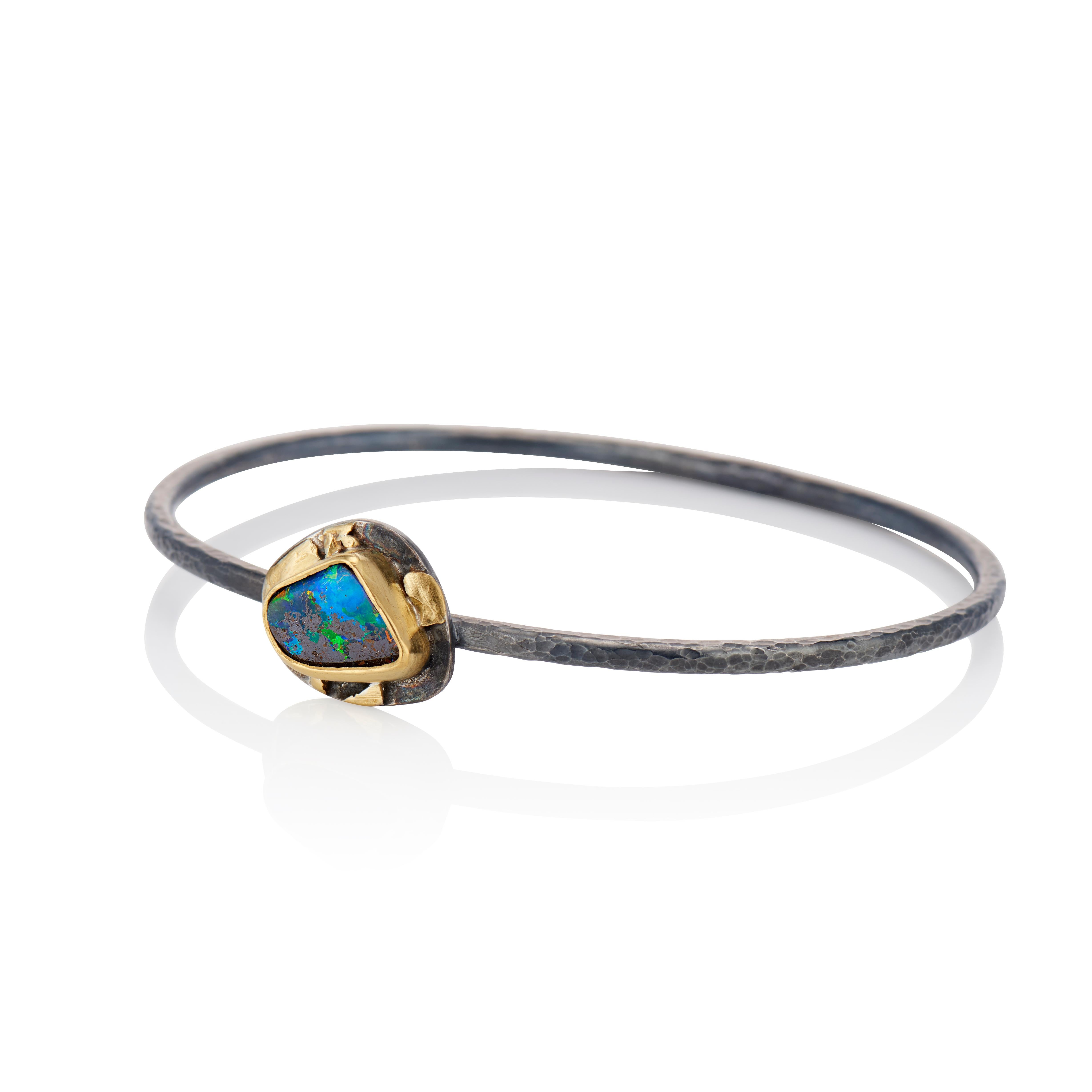 Oval Cut Contemporary Opal Bangle Bracelet Oxidized Sterling Silver 22 Karat Yellow Gold For Sale