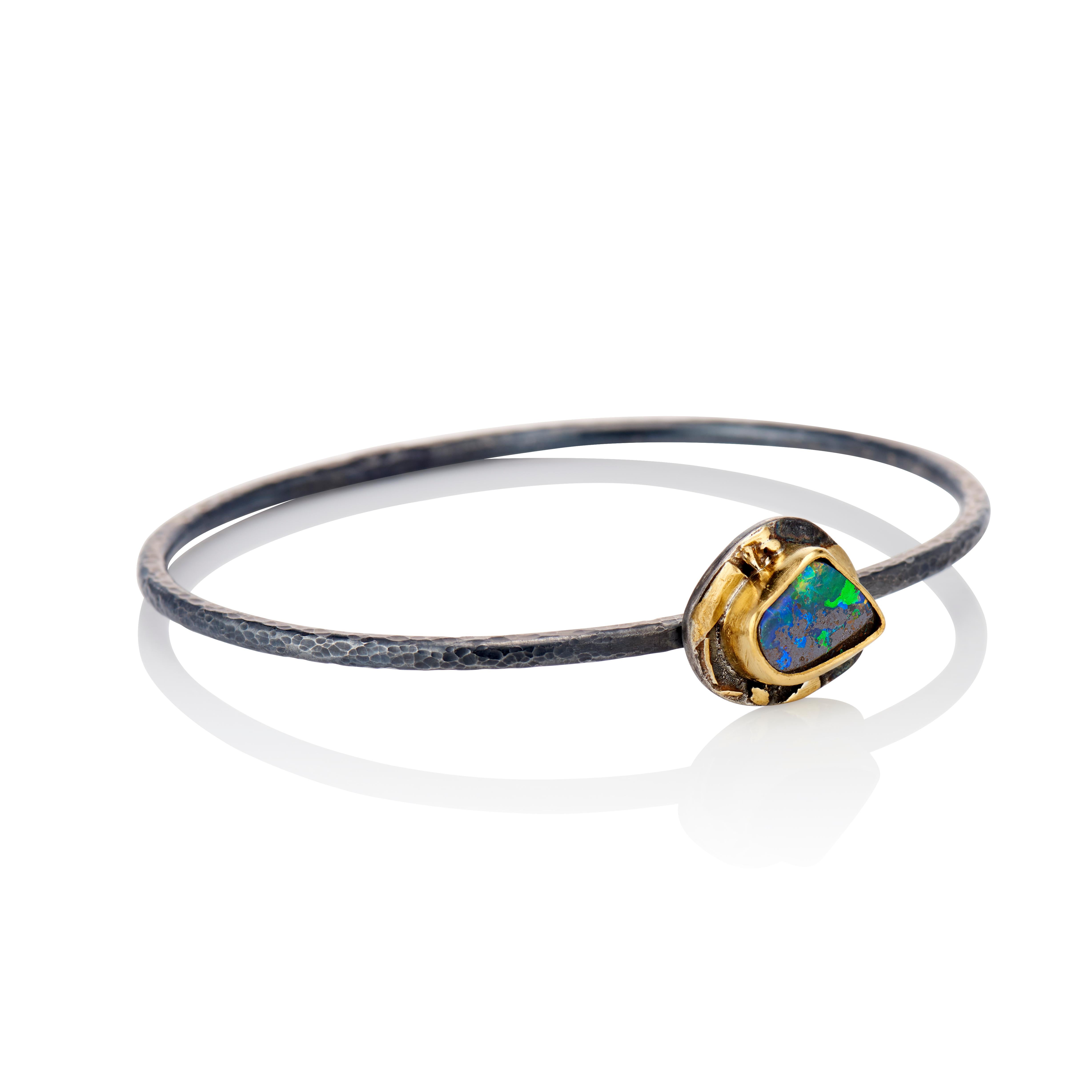 Contemporary Opal Bangle Bracelet Oxidized Sterling Silver 22 Karat Yellow Gold In New Condition For Sale In New York, NY