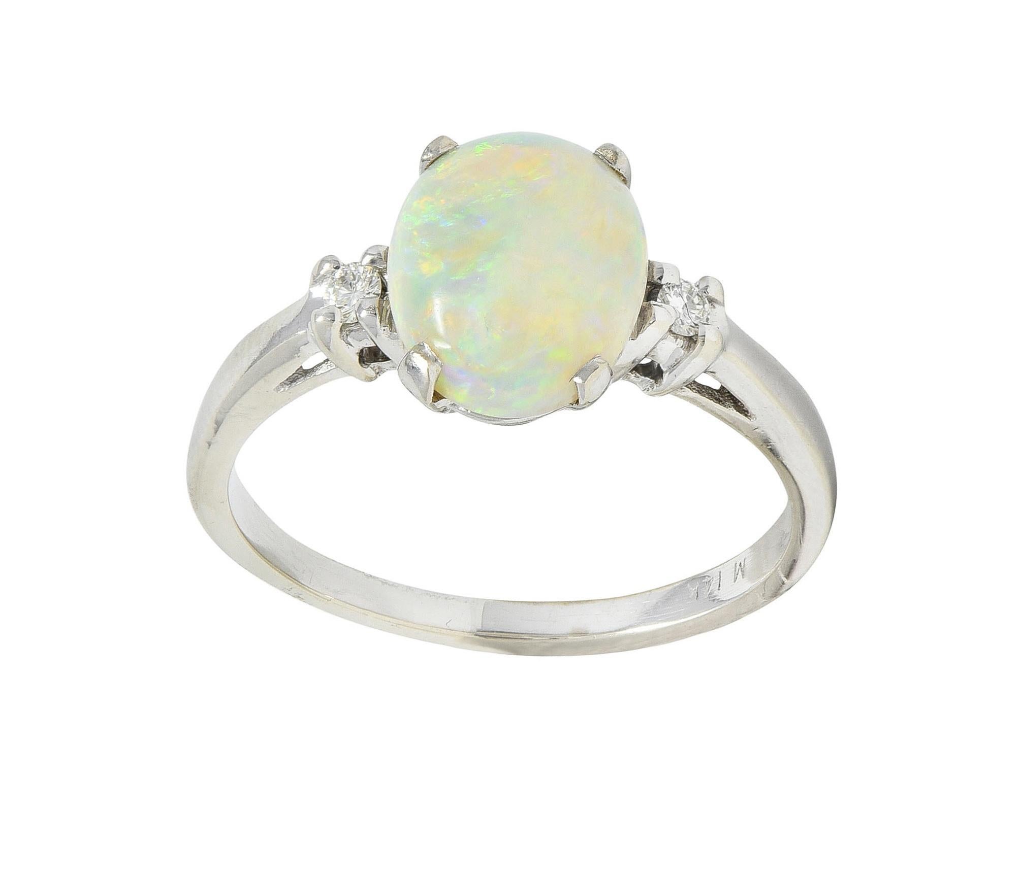 Contemporary Opal Diamond 14 Karat White Gold Three Stone Ring For Sale 5