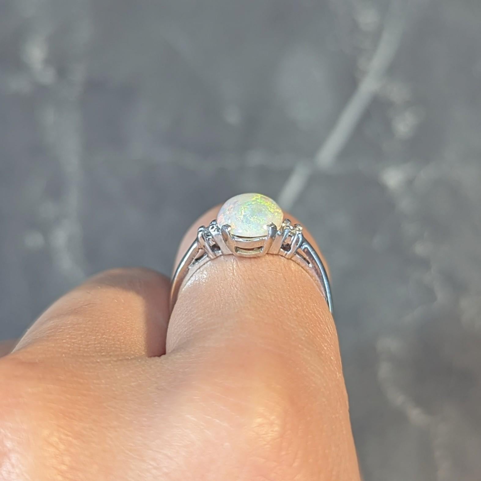 Contemporary Opal Diamond 14 Karat White Gold Three Stone Ring For Sale 11