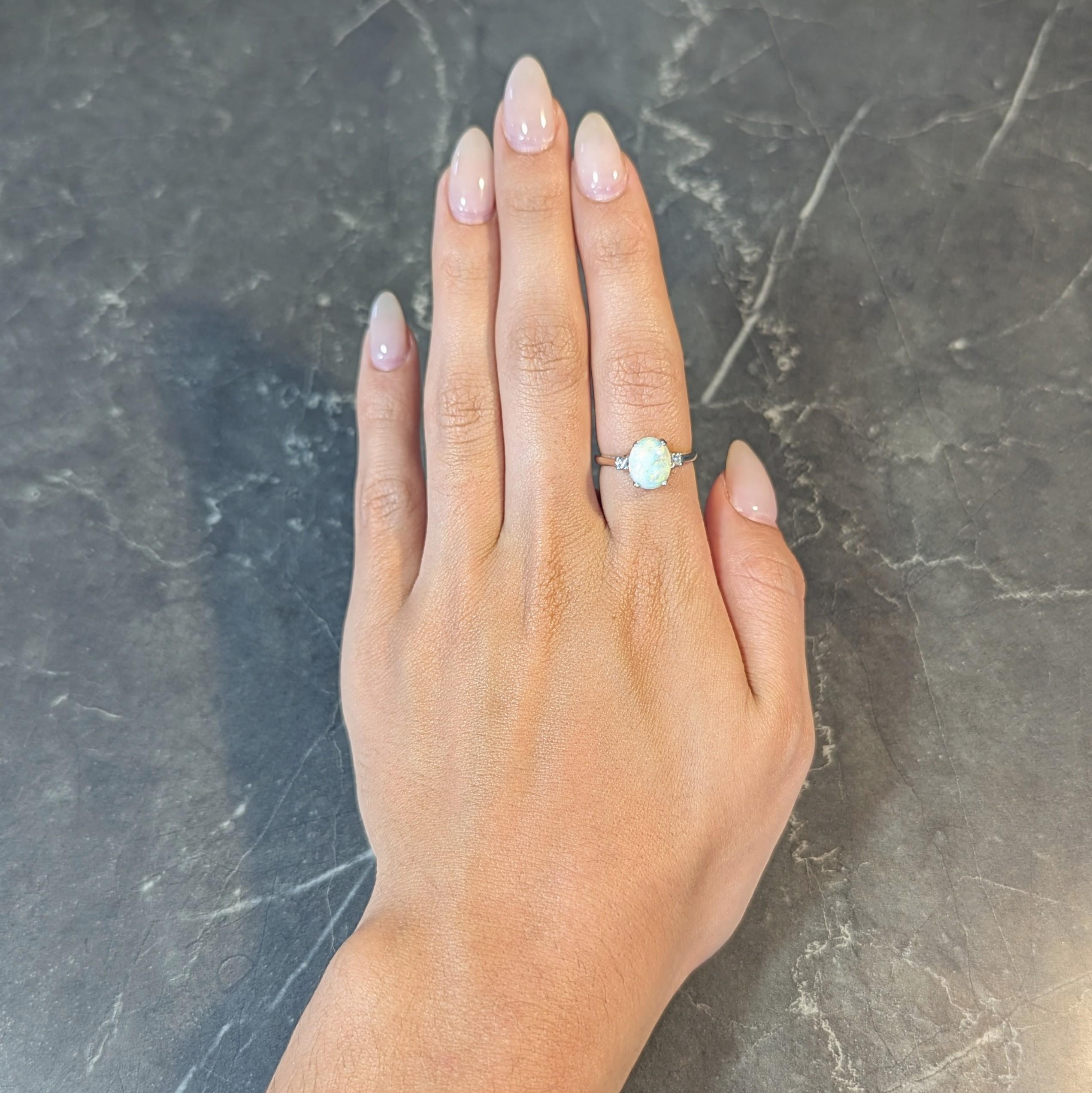 Round Cut Contemporary Opal Diamond 14 Karat White Gold Three Stone Ring For Sale