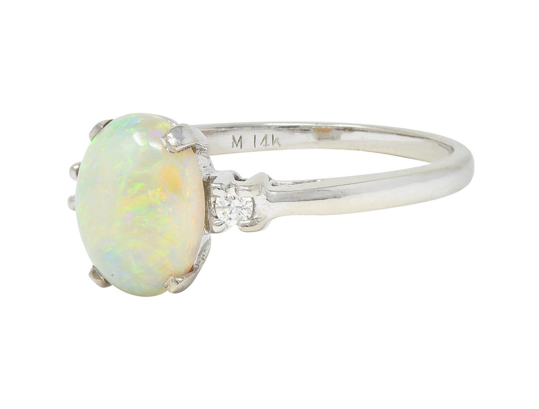 Contemporary Opal Diamond 14 Karat White Gold Three Stone Ring For Sale 1
