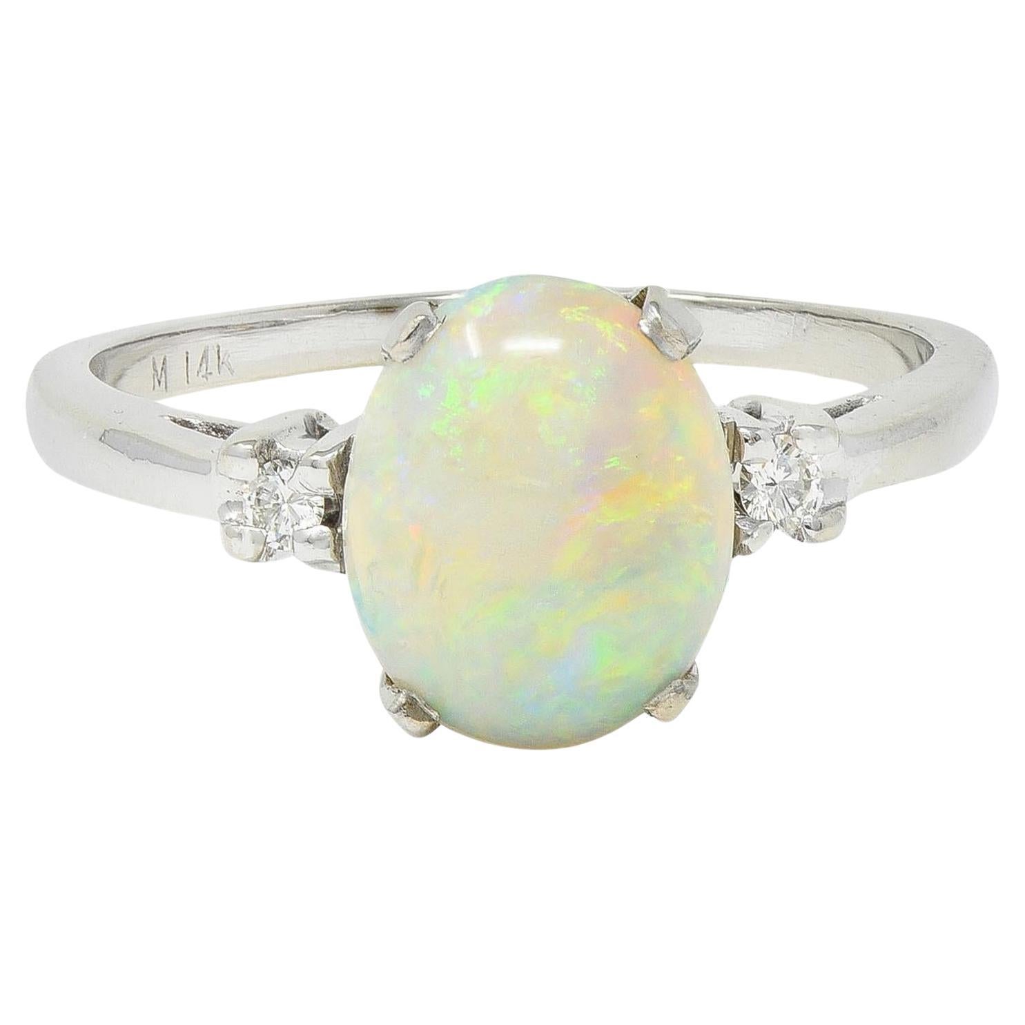 Contemporary Opal Diamond 14 Karat White Gold Three Stone Ring For Sale