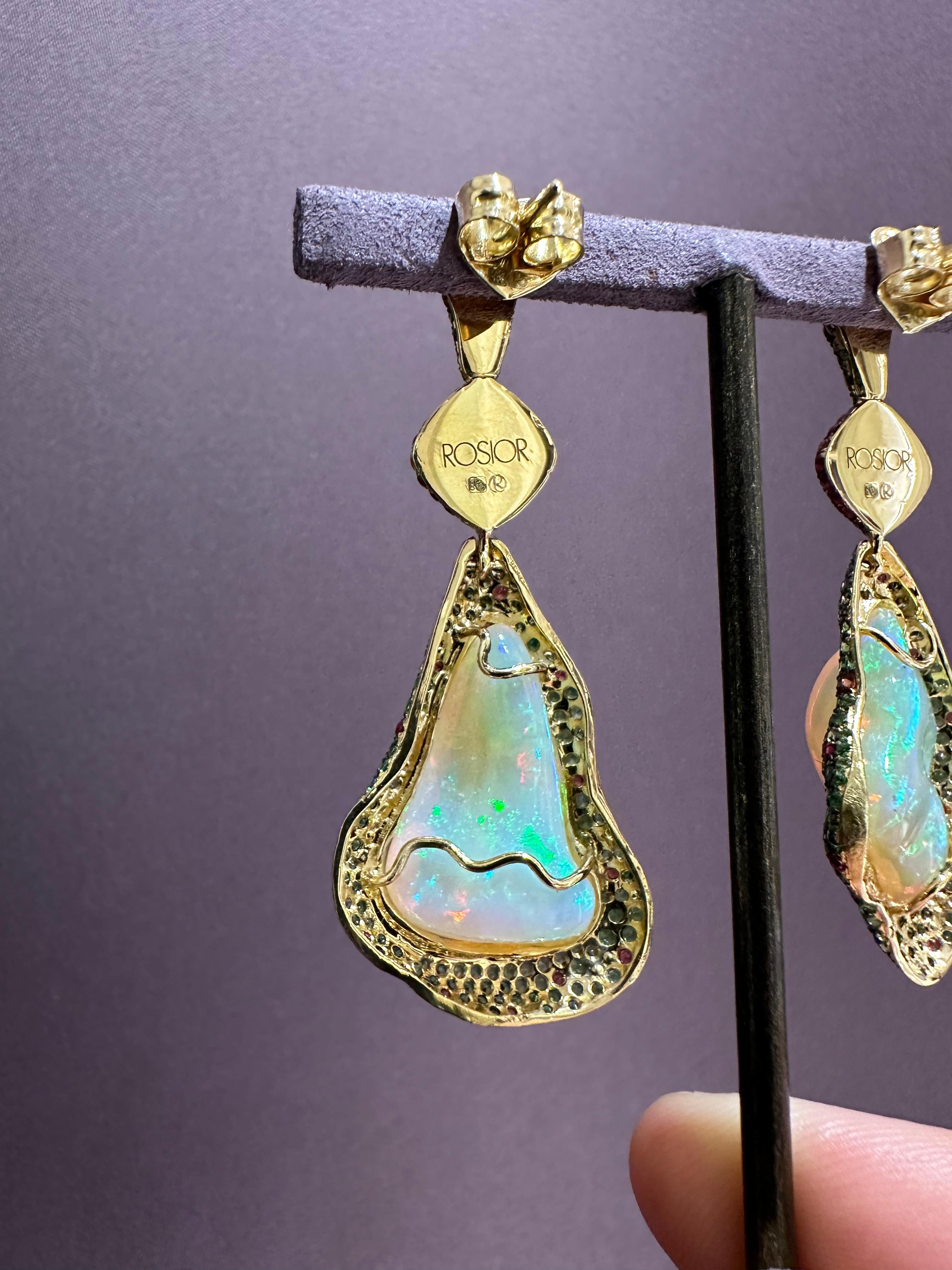 Contemporary Opal, Diamond, Sapphire and Spinel Drop Earrings set in Yellow Gold 2