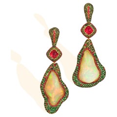 Contemporary Opal, Diamond, Sapphire and Spinel Drop Earrings set in Yellow Gold
