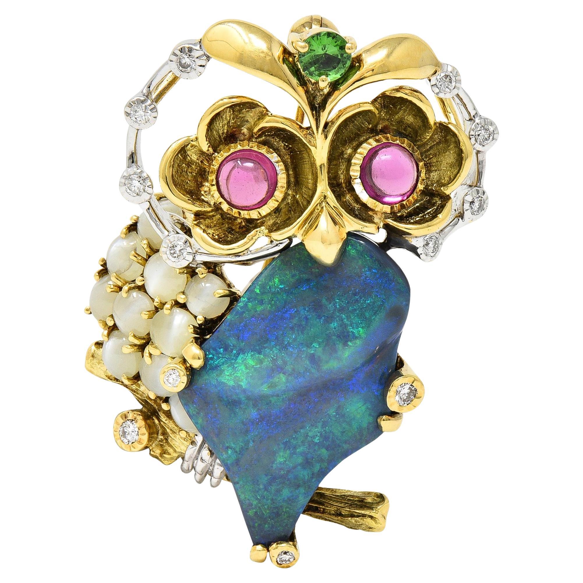 Contemporary Opal Multi-Gem Chrysoberyl 18 Karat Two-Tone Gold Owl Brooch