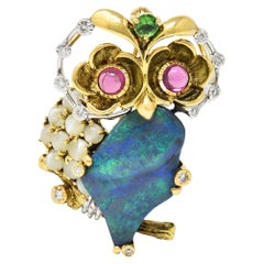 Contemporary Opal Multi-Gem Chrysoberyl 18 Karat Two-Tone Gold Owl Brooch