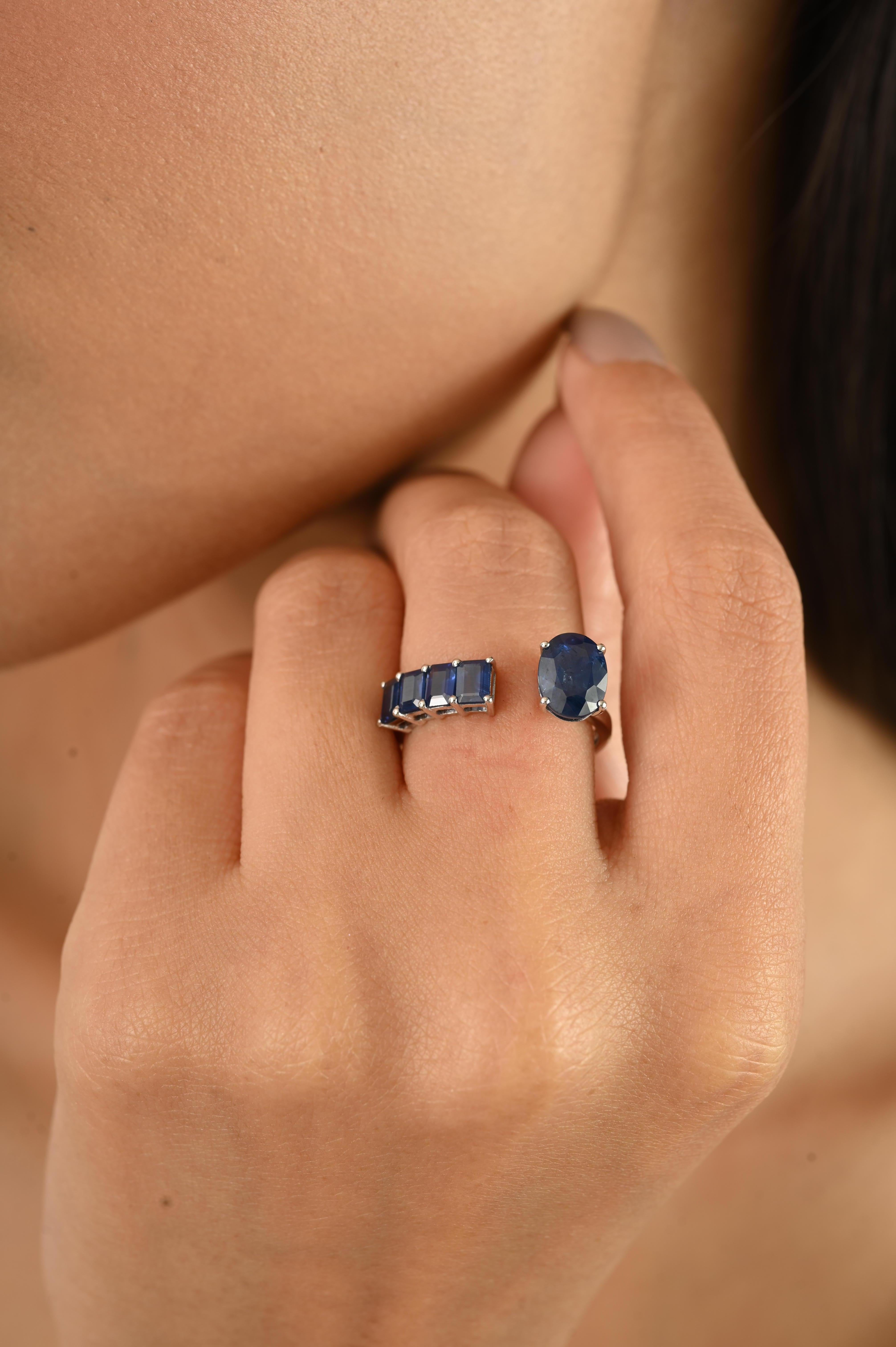 For Sale:  Contemporary Open Band Ring with 14k White Gold Oval and Baguette Blue Sapphire 10