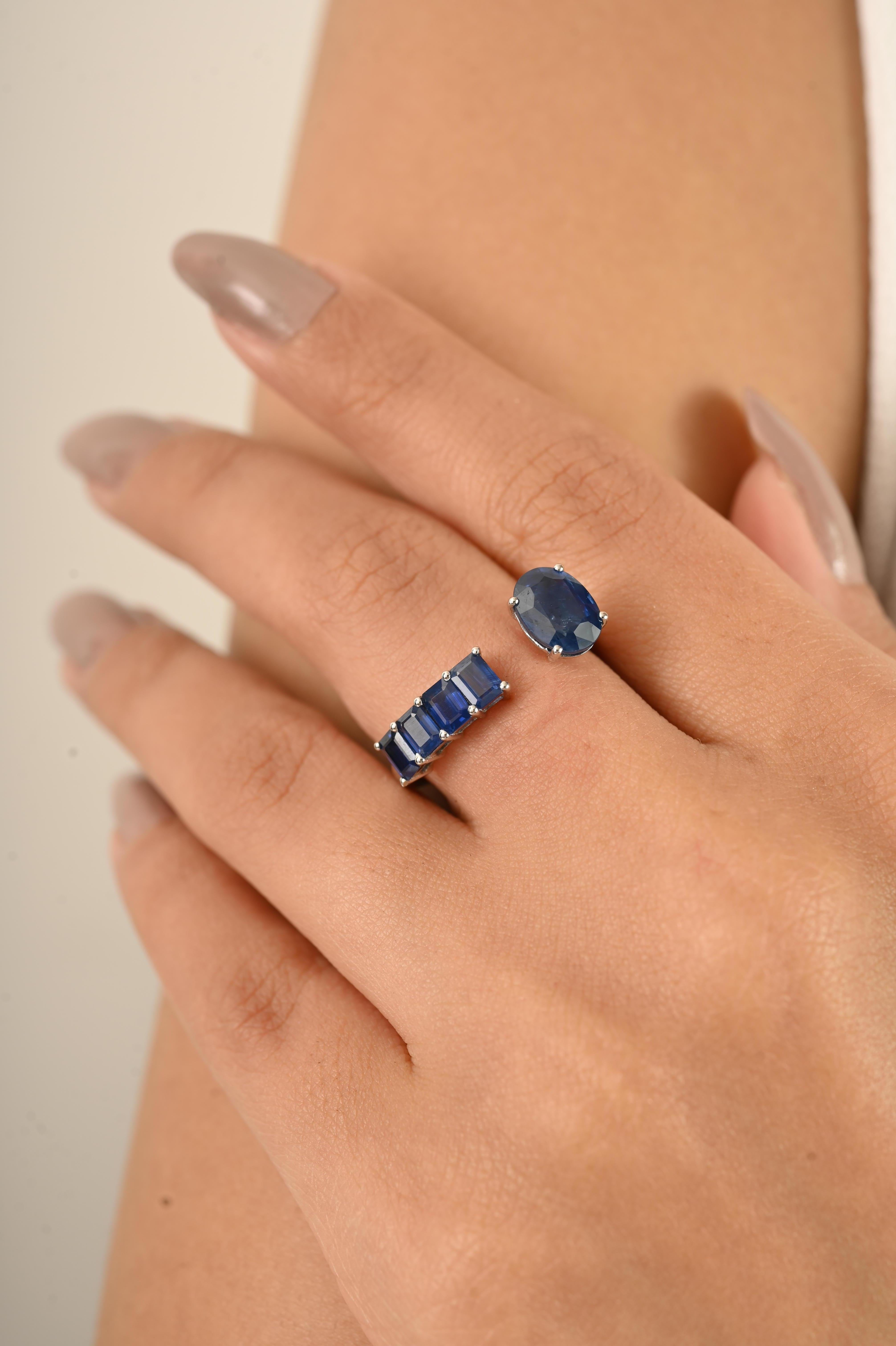 For Sale:  Contemporary Open Band Ring with 14k White Gold Oval and Baguette Blue Sapphire 2