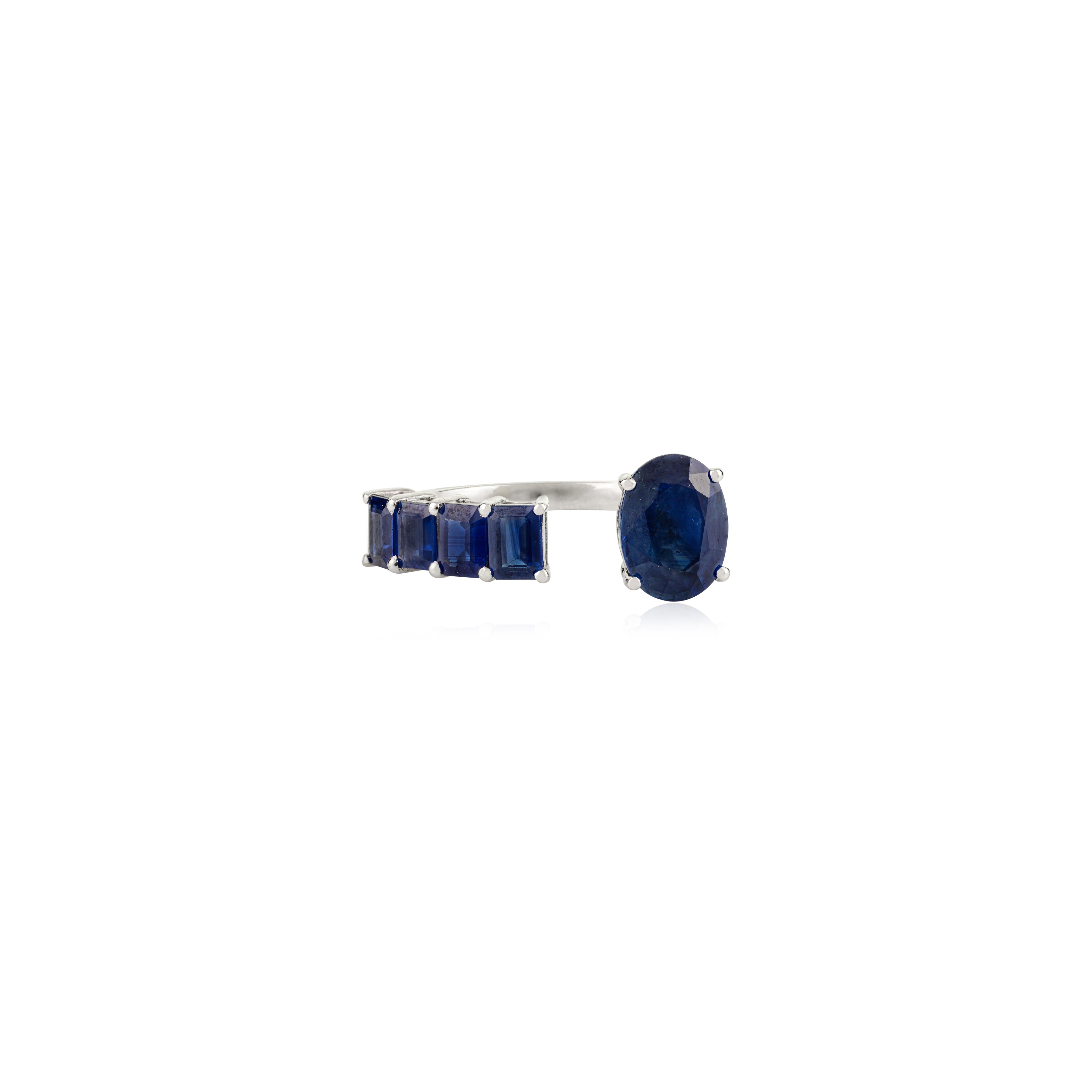 For Sale:  Contemporary Open Band Ring with 14k White Gold Oval and Baguette Blue Sapphire 3