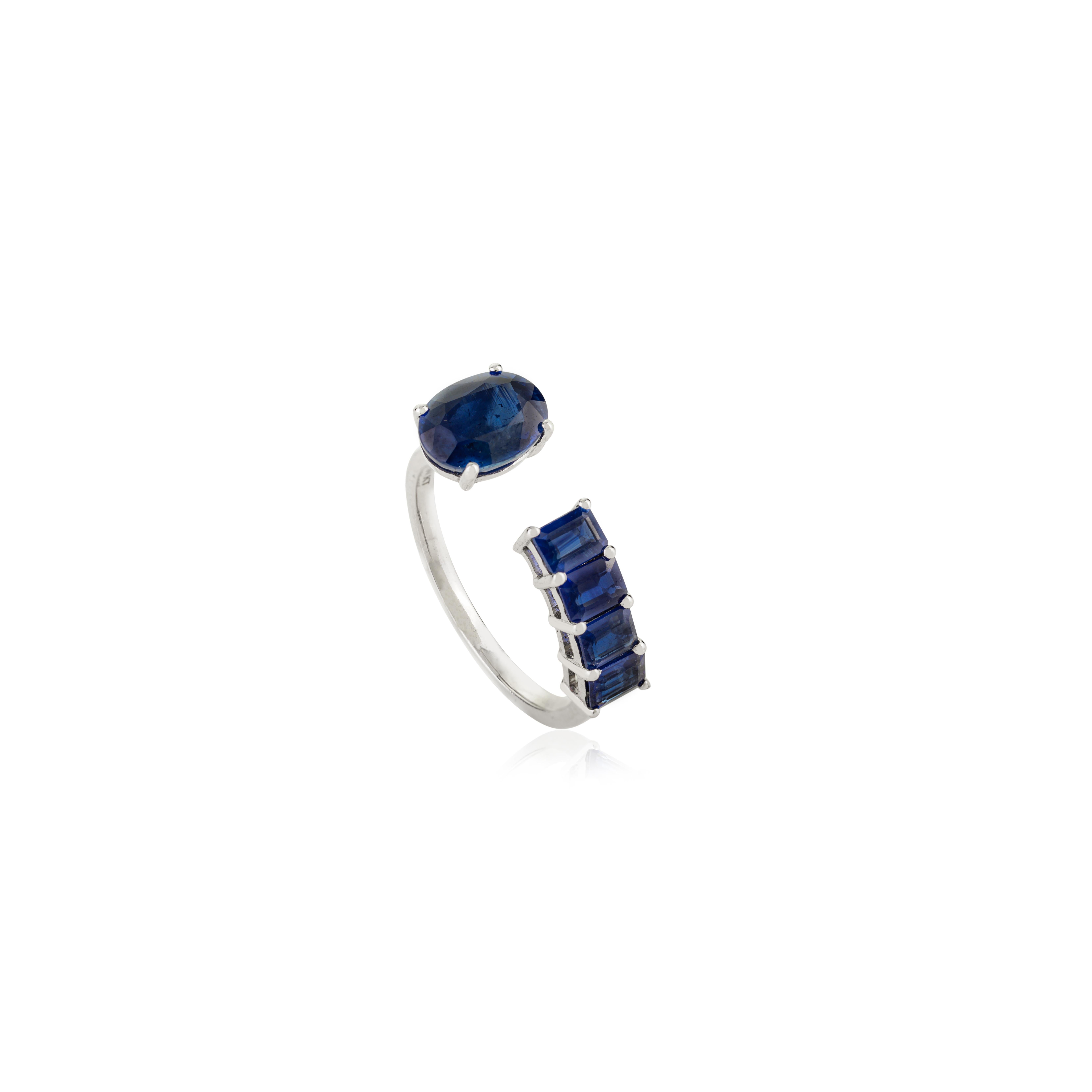 For Sale:  Contemporary Open Band Ring with 14k White Gold Oval and Baguette Blue Sapphire 5