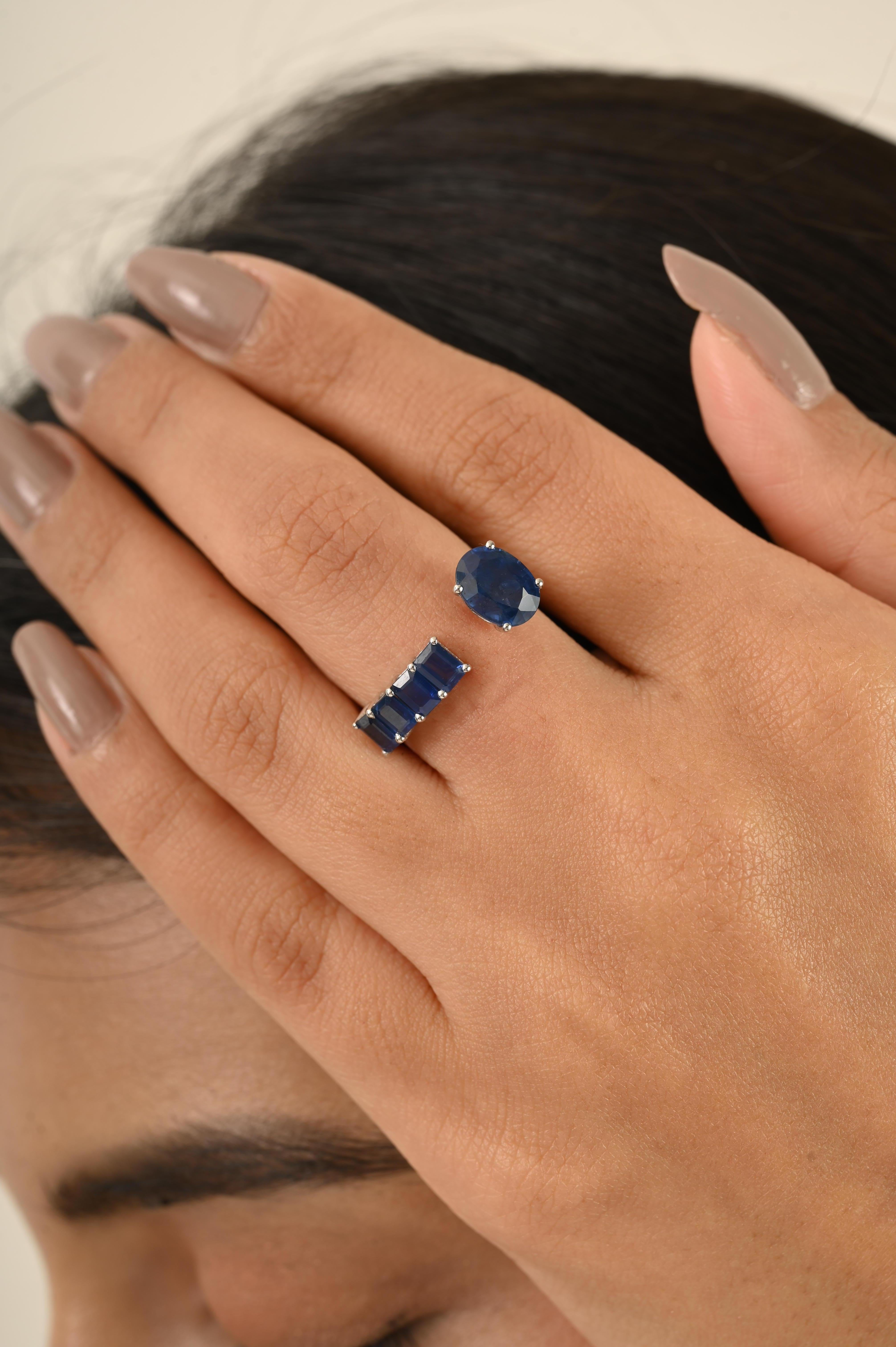 For Sale:  Contemporary Open Band Ring with 14k White Gold Oval and Baguette Blue Sapphire 6