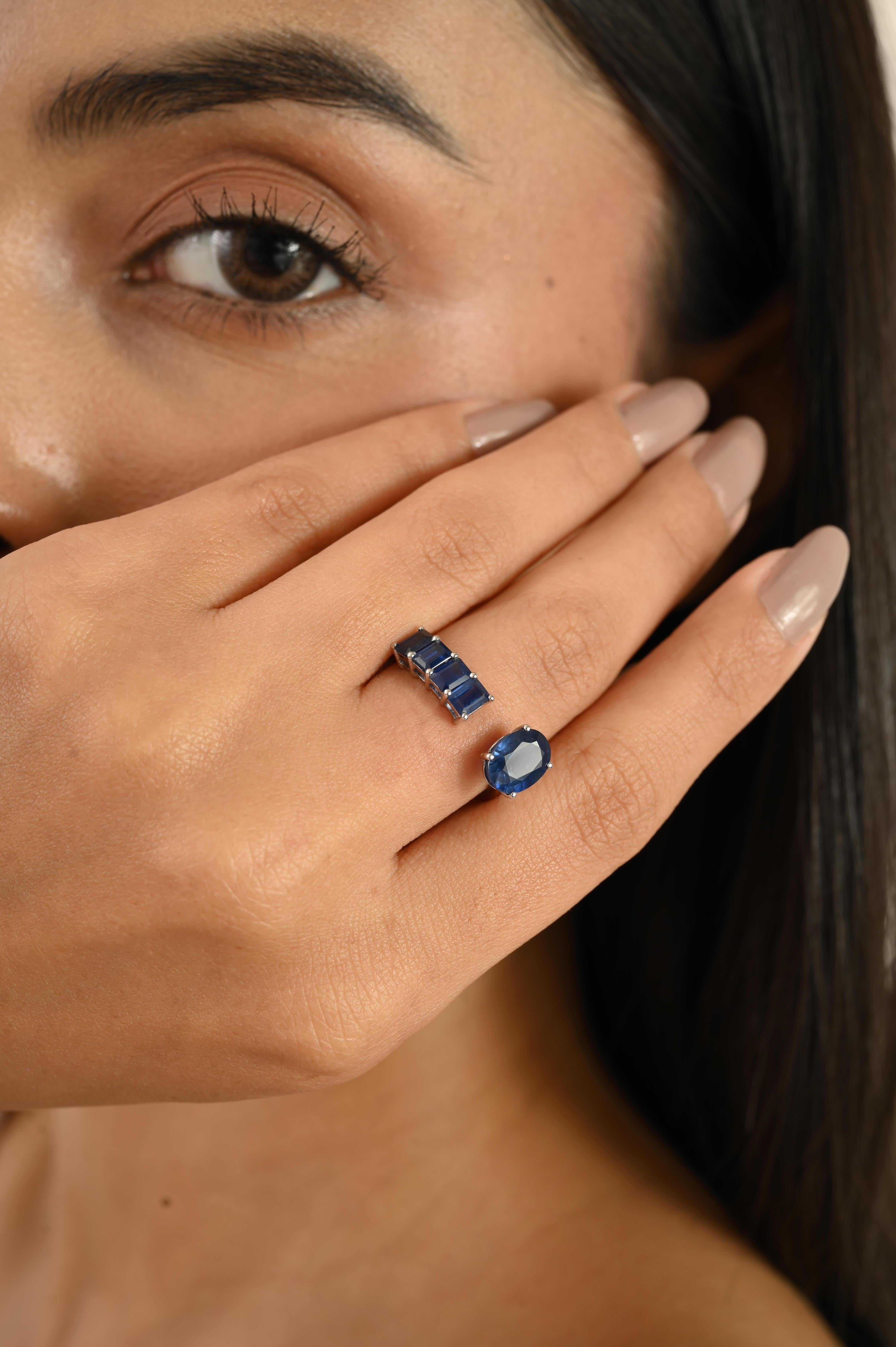 For Sale:  Contemporary Open Band Ring with 14k White Gold Oval and Baguette Blue Sapphire 8