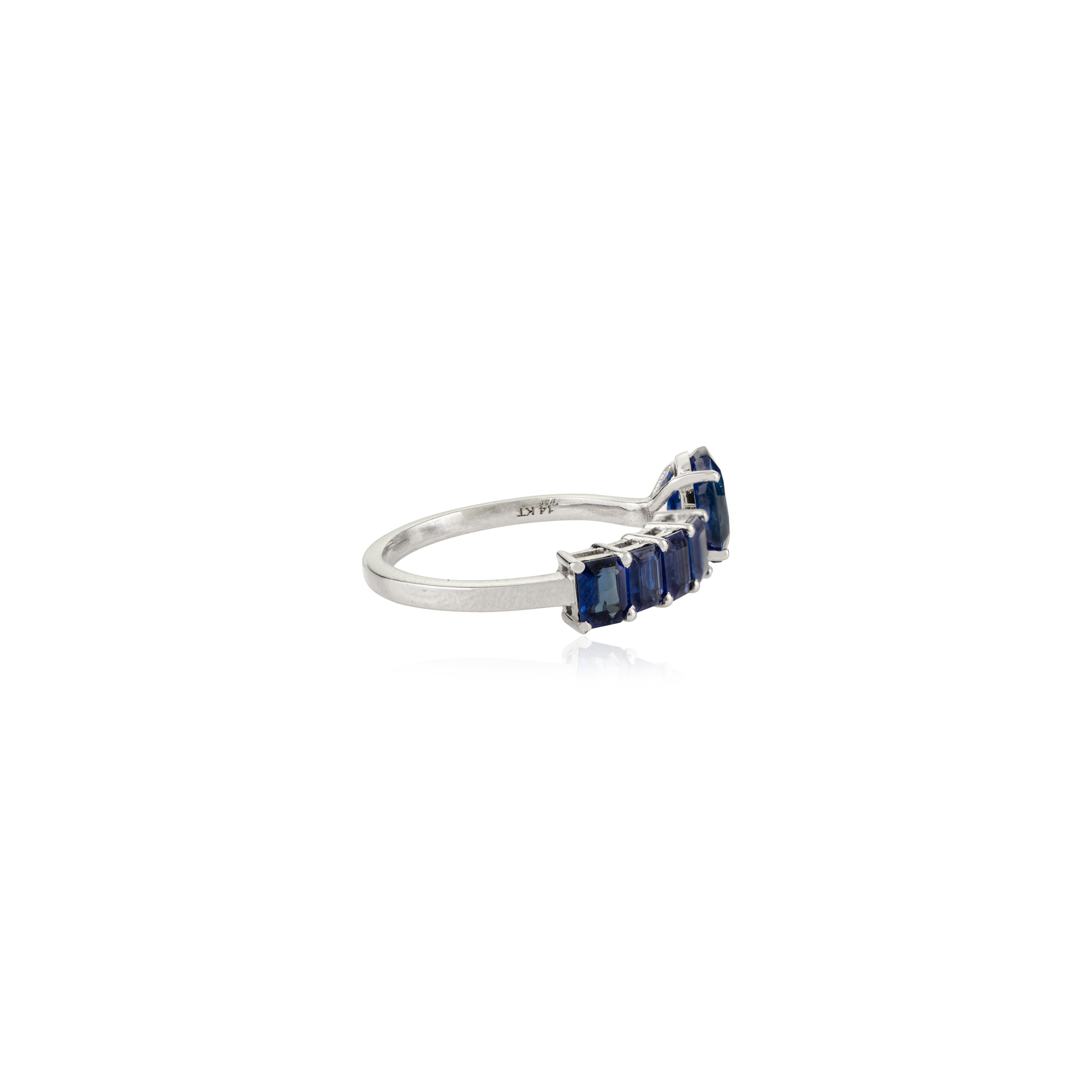 For Sale:  Contemporary Open Band Ring with 14k White Gold Oval and Baguette Blue Sapphire 9