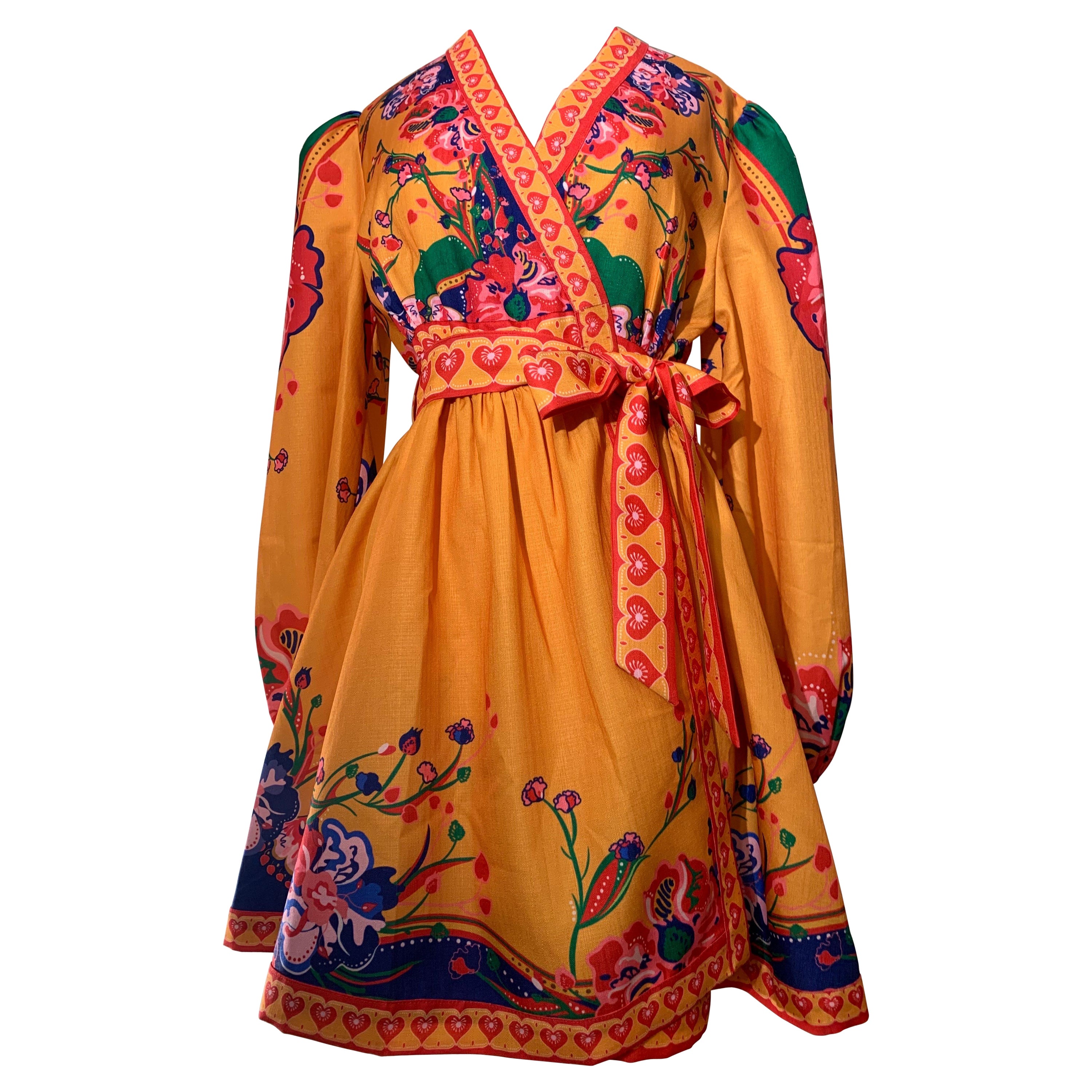 Contemporary Orange Floral Print Wrap-Around Summer Mini Dress w Balloon Sleeves