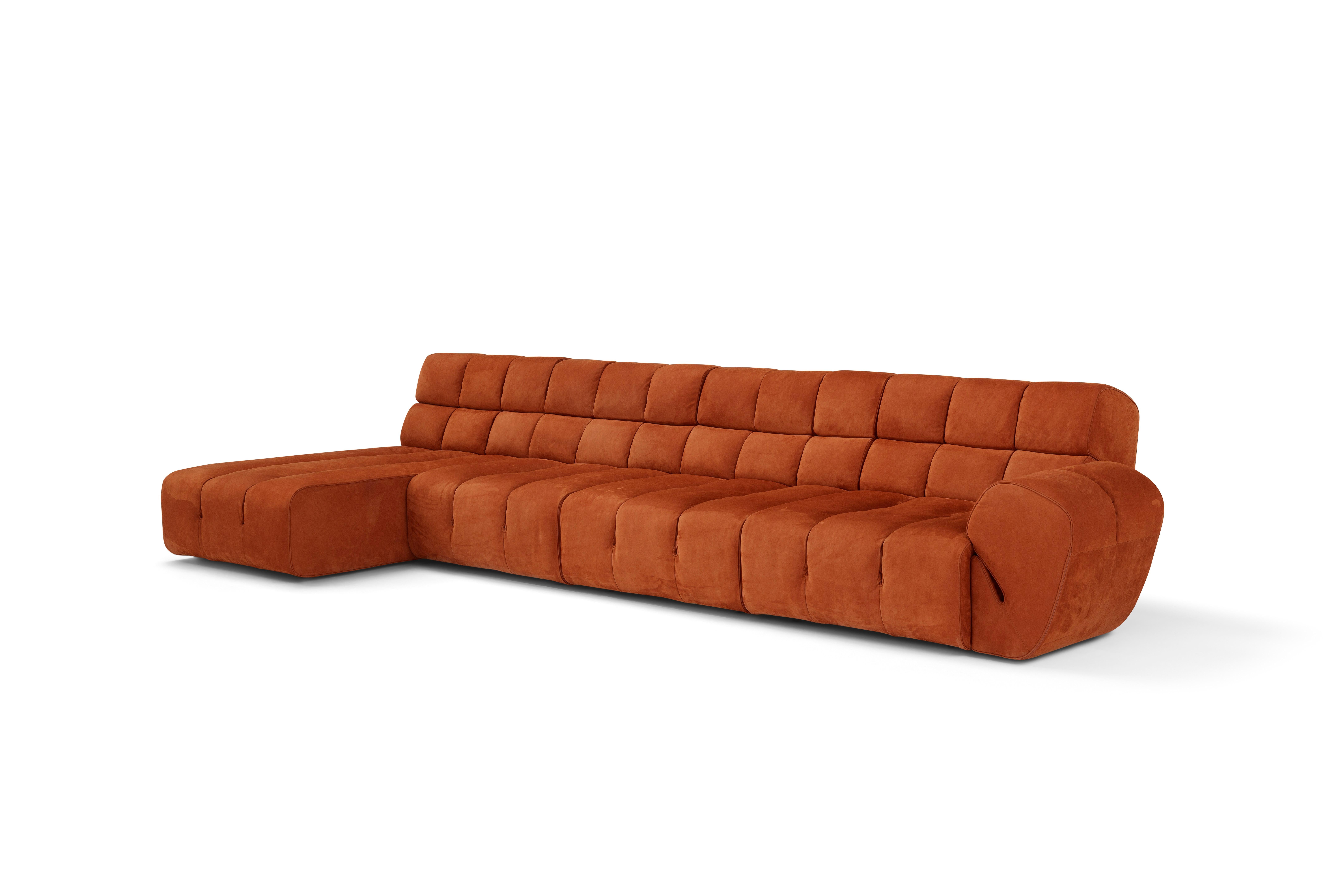 Canapé contemporain orangePalmo d'Amura Lab, cuir et velours ancien 2064 en vente 4