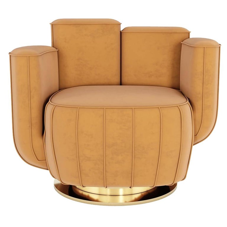 Mid-Century Style Orange Velvet Armchair Cactus Shape with Gold Swivel Base For Sale