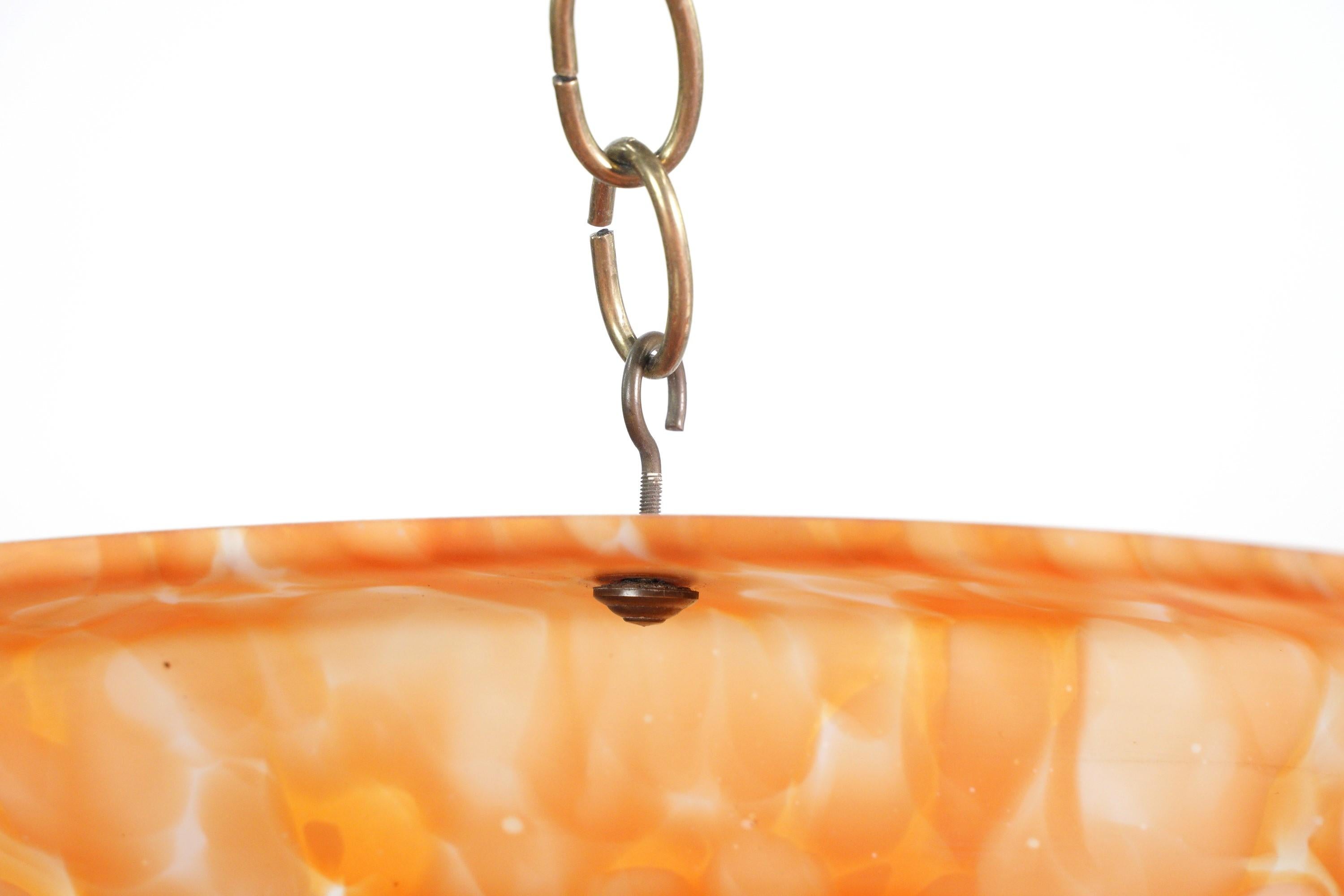 Brass Orange & White Glass Dish Pendant Light