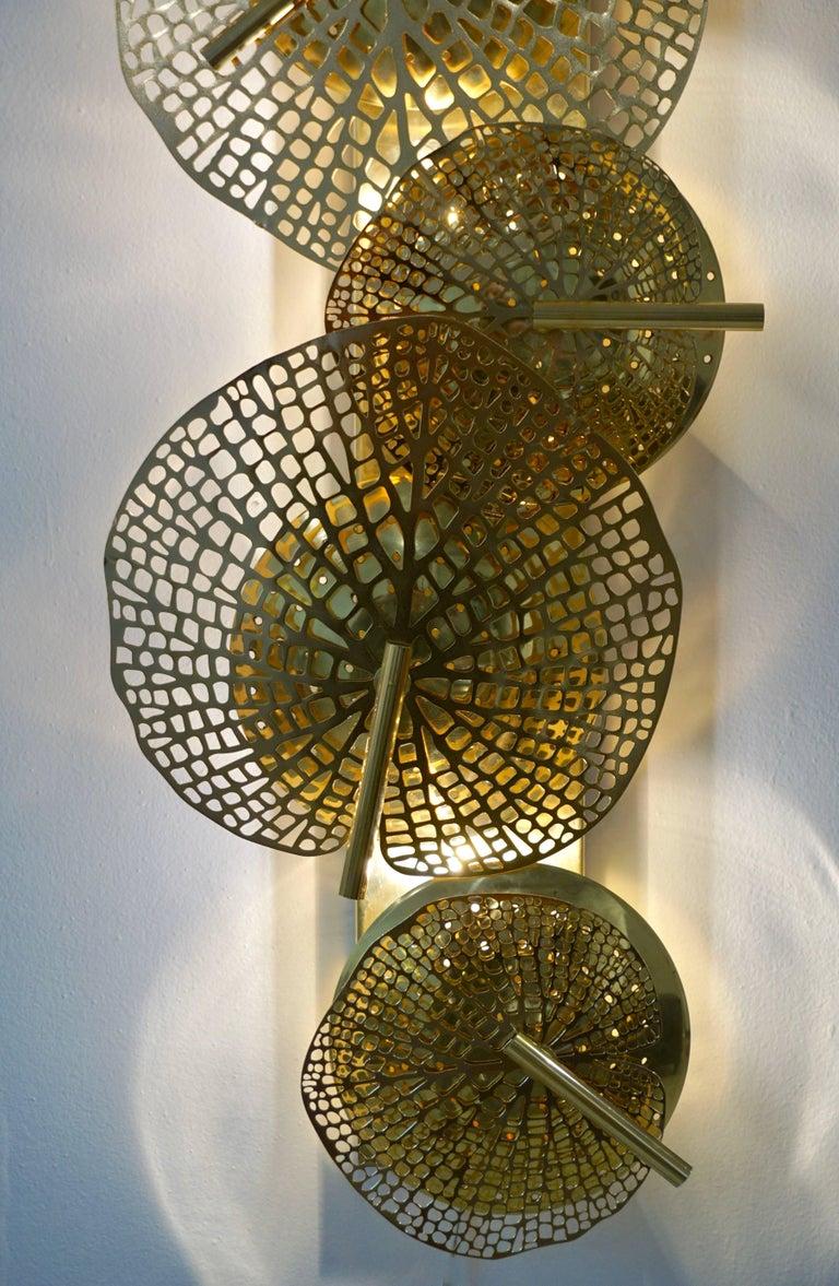 Contemporary Organic Italian Art Design Pair of Perforated Brass Leaf Sconces For Sale 5