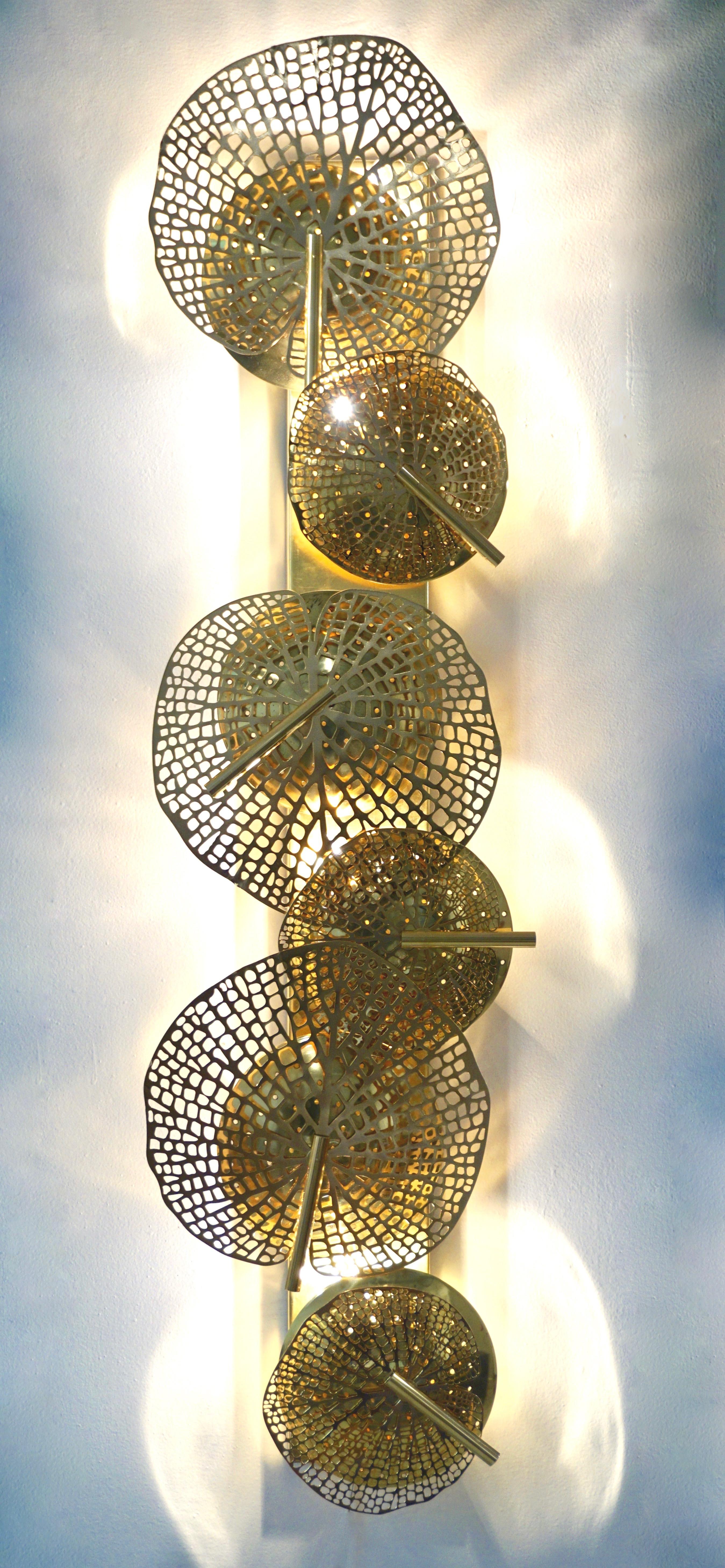 Contemporary Organic Italian Art Design Pair of Perforated Brass Leaf Sconces For Sale 6