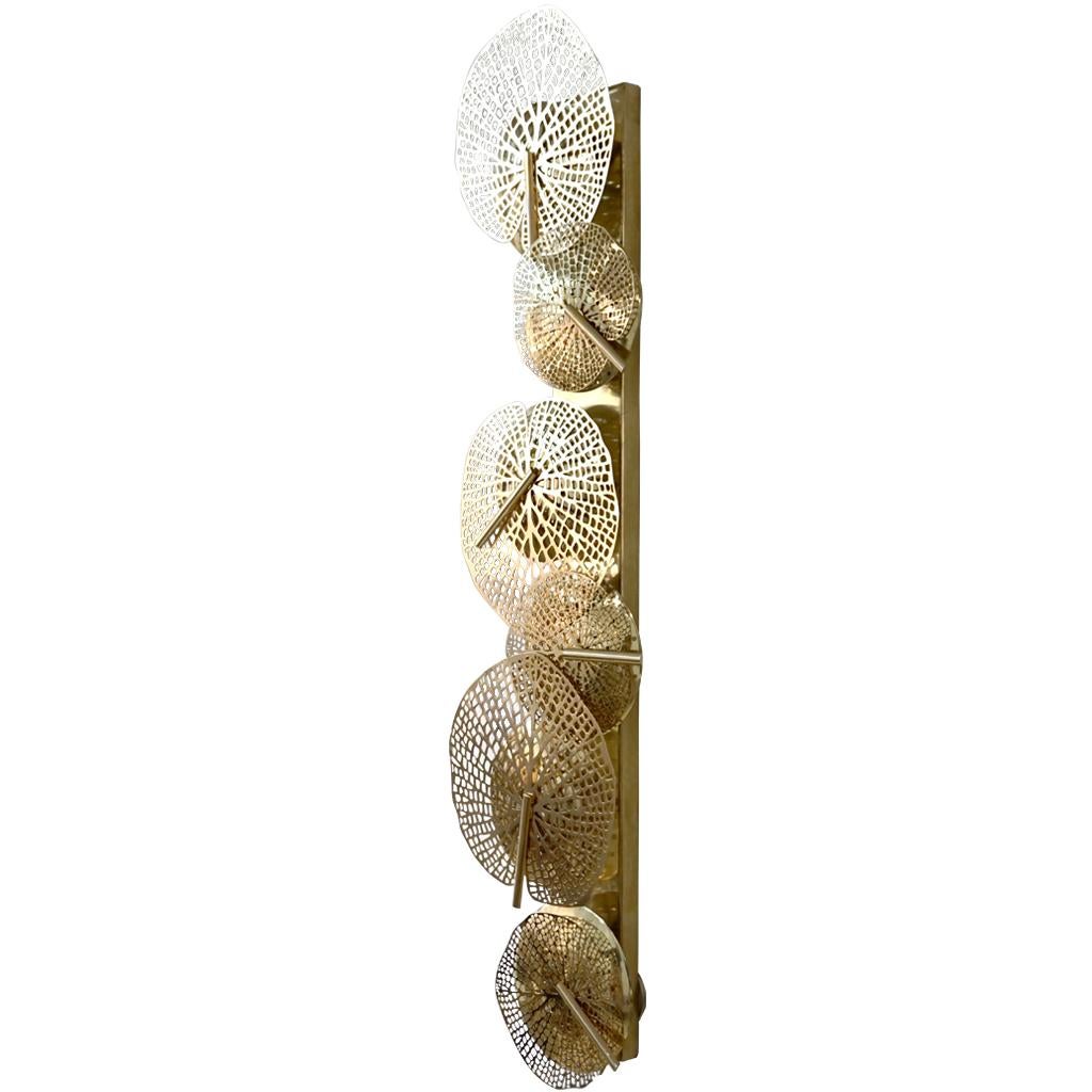 Contemporary Organic Italian Art Design Pair of Perforated Brass Leaf Sconces For Sale 9