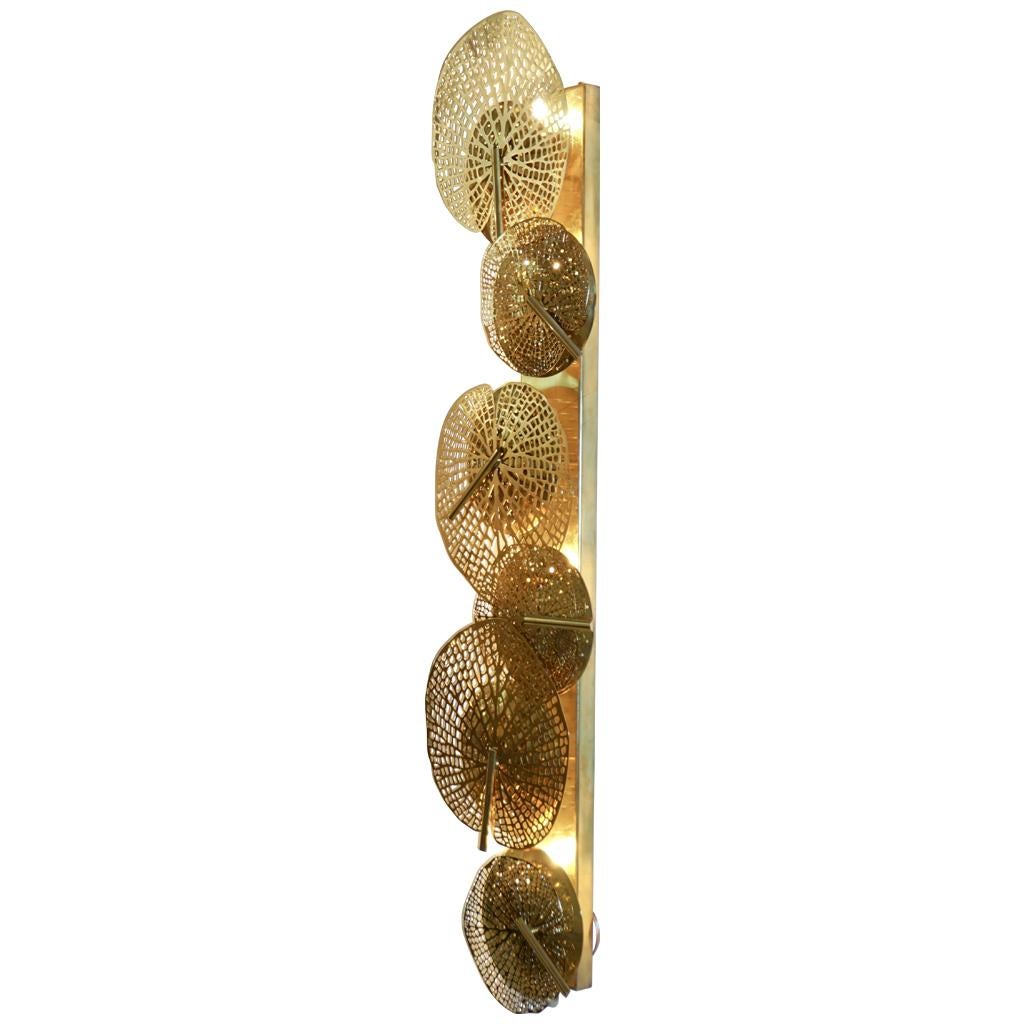 Contemporary Organic Italian Art Design Pair of Perforated Brass Leaf Sconces For Sale 10