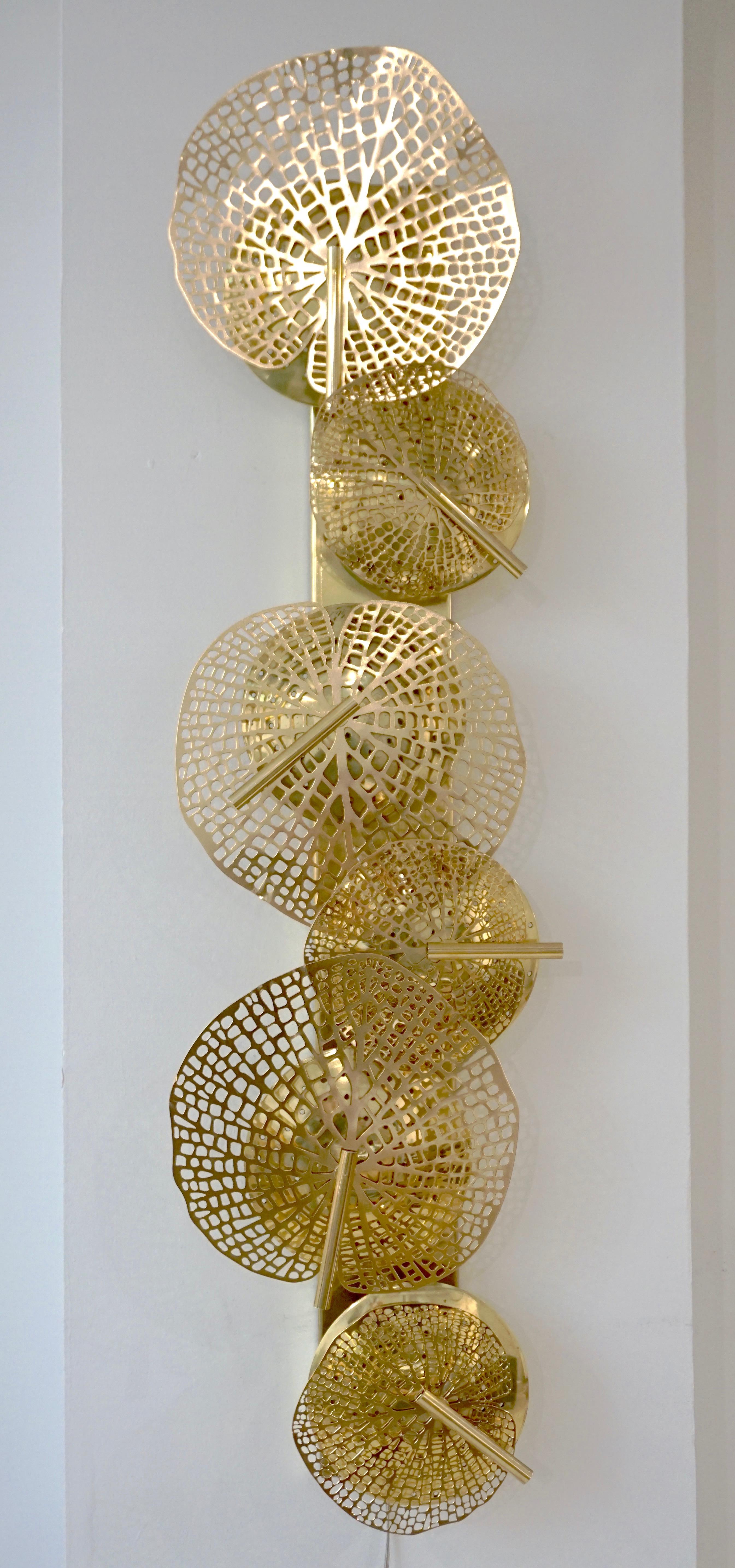 Contemporary Organic Italian Art Design Pair of Perforated Brass Leaf Sconces For Sale 11
