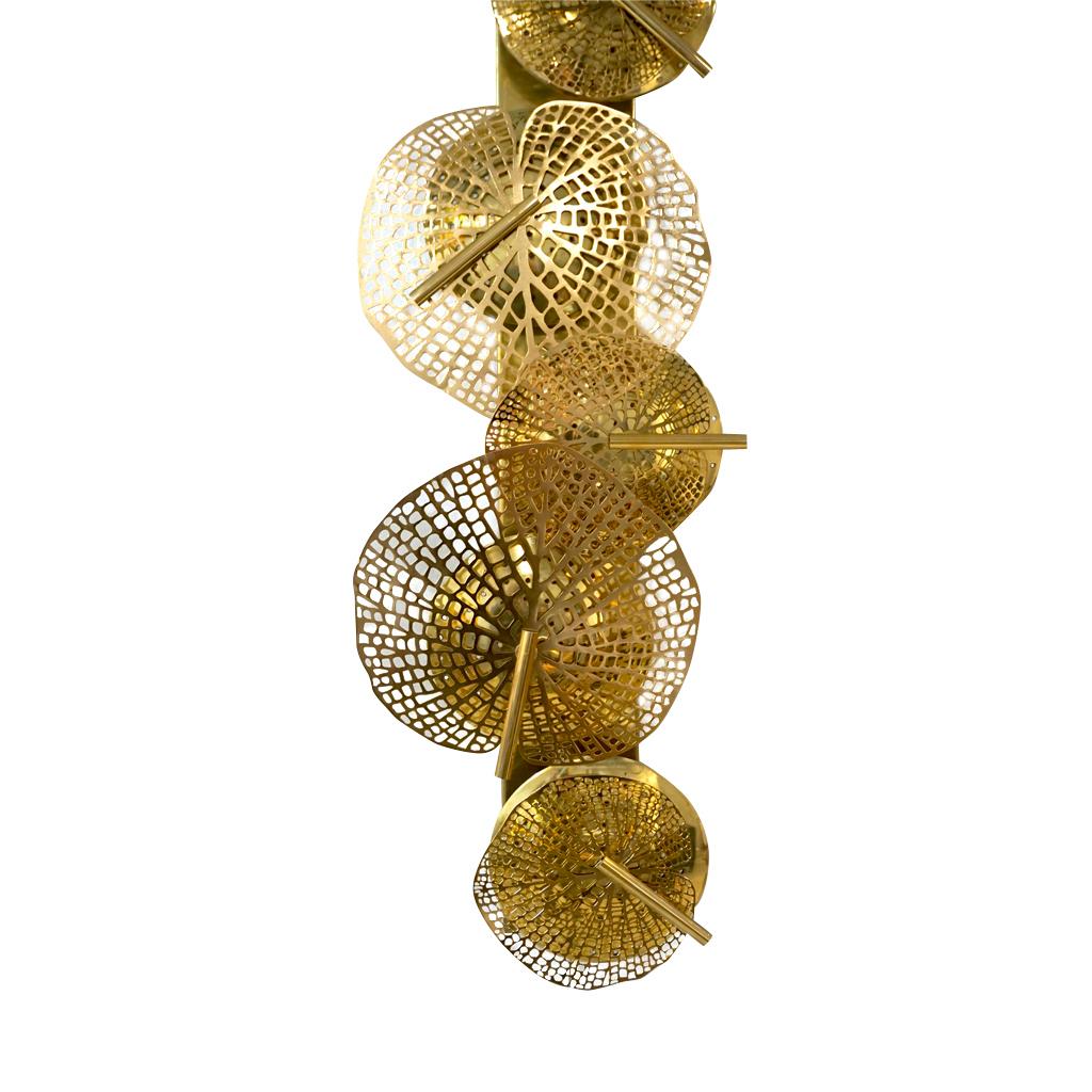Contemporary Organic Italian Art Design Pair of Perforated Brass Leaf Sconces For Sale 12